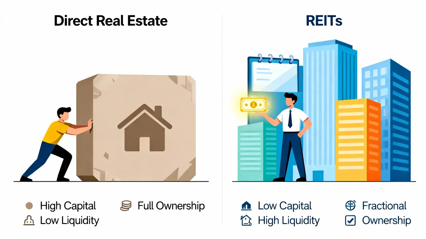 投資REITs與直接購買房地產的區別圖，比較兩者在資金、流動性與所有權上的差異。
