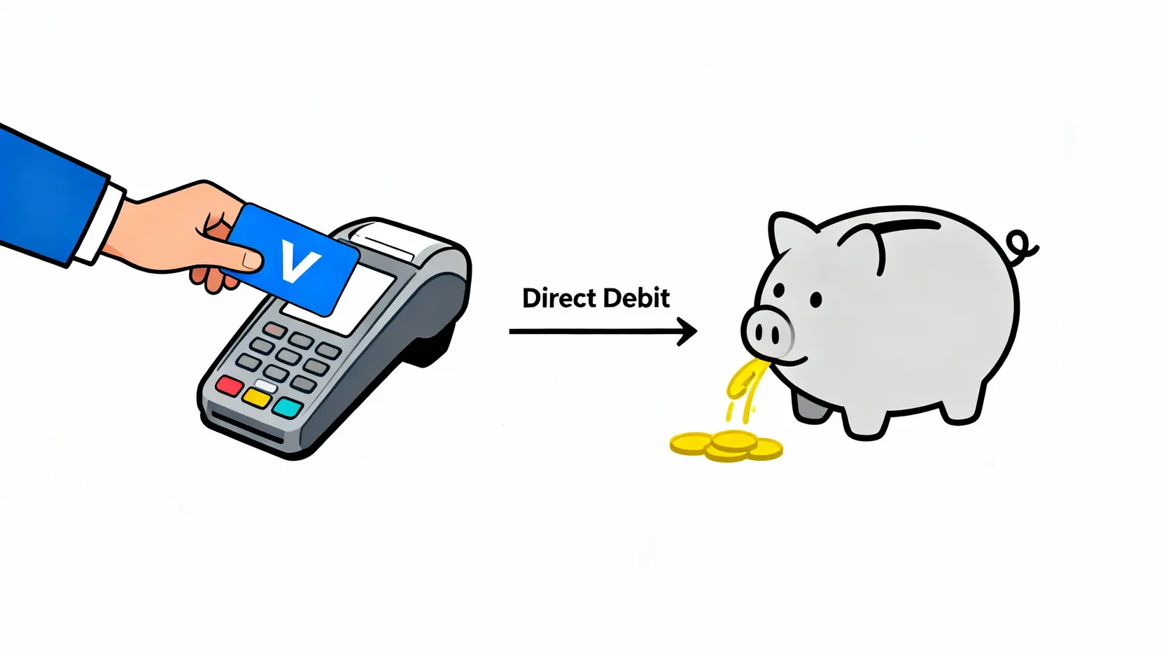一張說明Visa金融卡運作方式的示意圖，顯示刷卡時款項直接從銀行帳戶扣除。