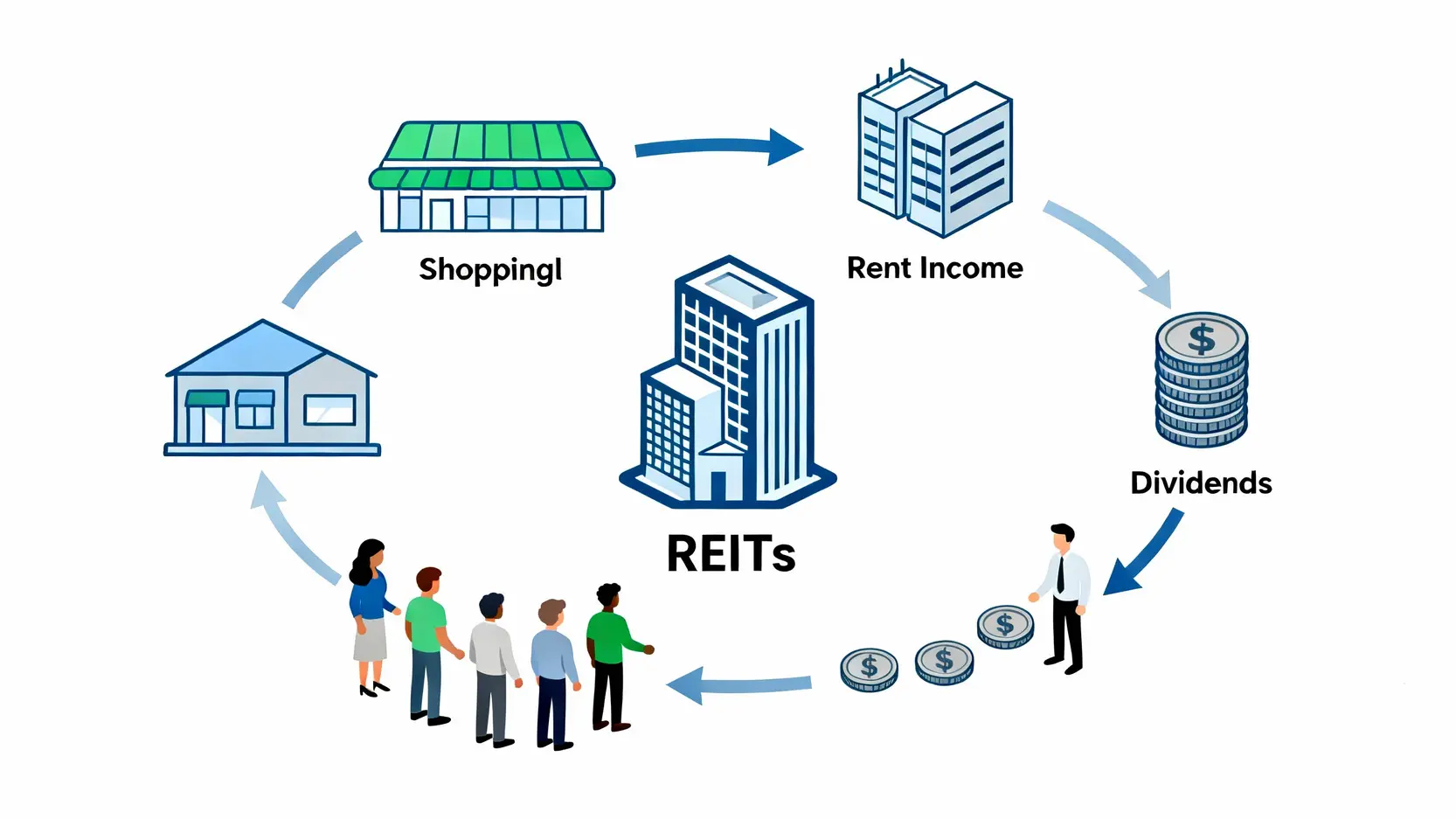 REITs運作模式圖解，展示投資者資金如何流入REITs，再投資於房地產，最終以租金收入形式作為股利回報給投資者。