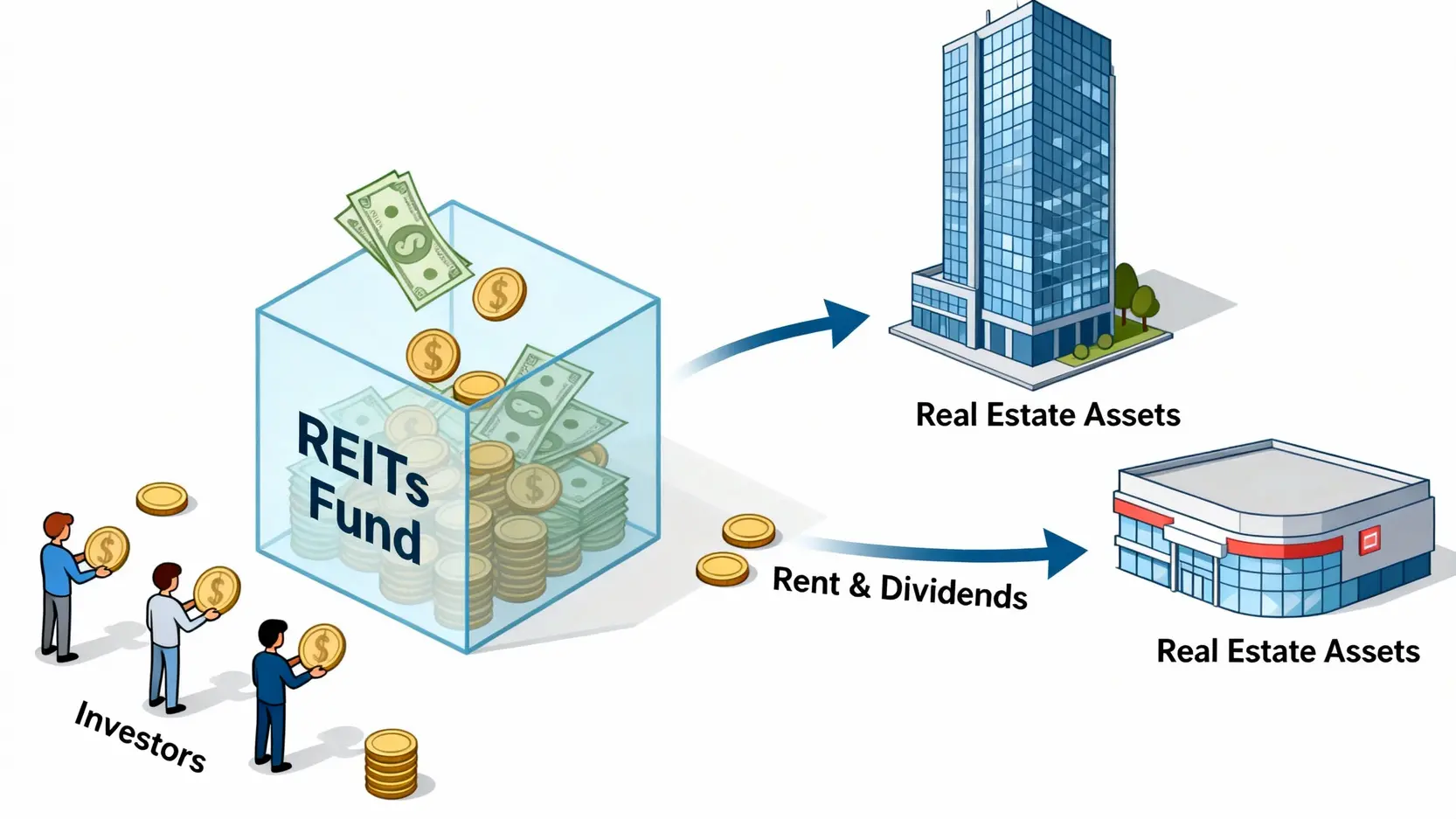 REITs運作模式示意圖，顯示投資人集資購買不動產並獲取租金收益的流程。