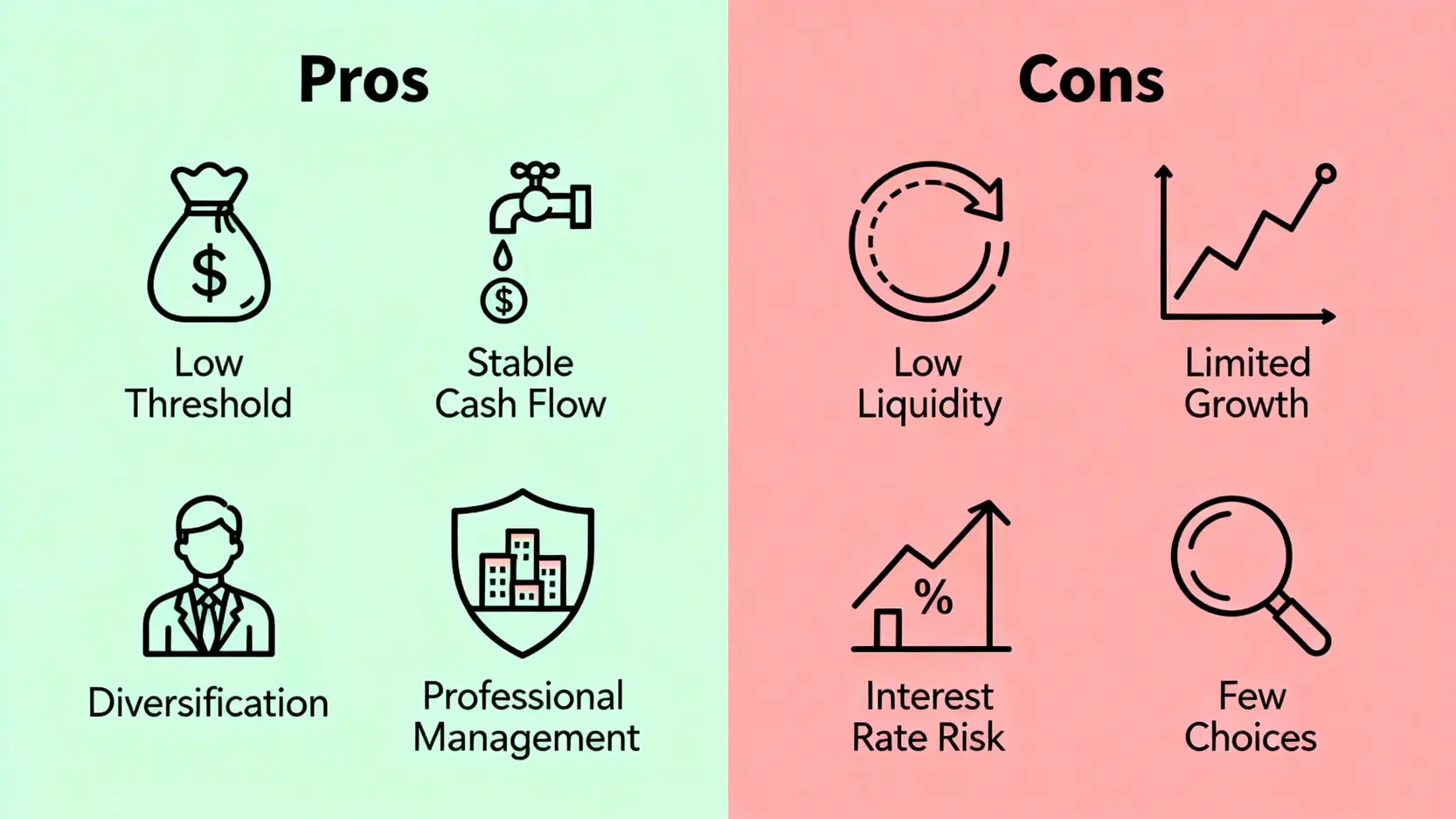 投資台灣REITs的優點與缺點對比圖，包含低門檻、穩定現金流等優點，以及流動性差、成長有限等缺點。