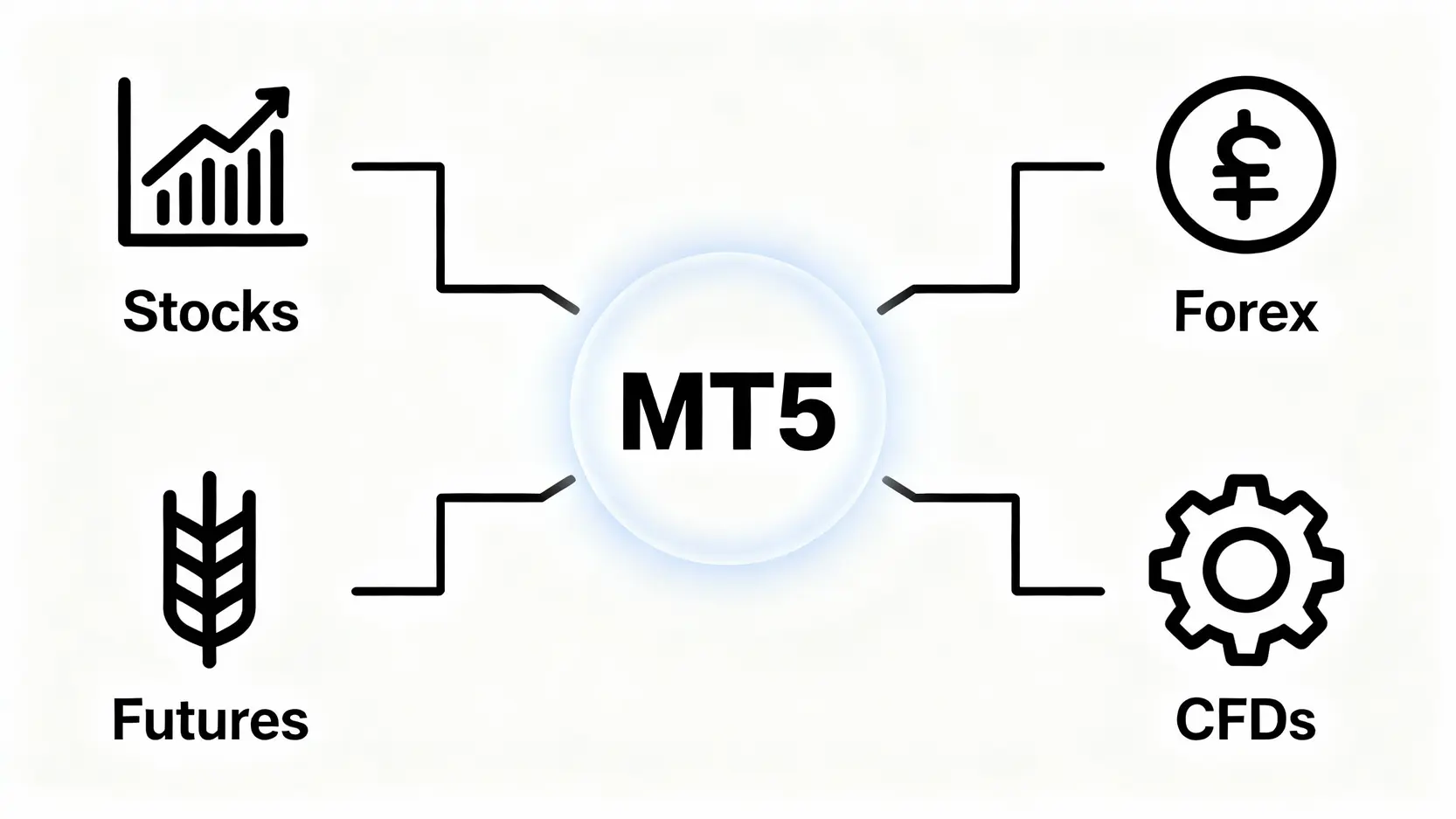MT5是什麼?2025年MetaTrader 5最完整介紹 (含MT4比較) MetaTrader 5 平台功能示意圖,展示其作為一個核心樞紐,連接股票、外匯、期貨等多種金融市場。