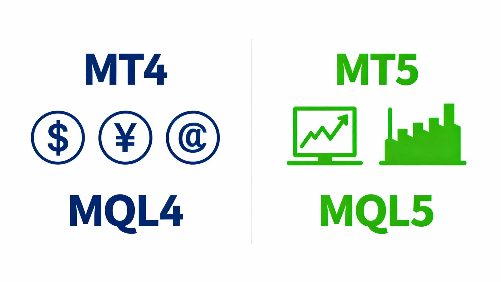 MT5是什麼?2025年MetaTrader 5最完整介紹 (含MT4比較) MT4與MT5交易平台功能對比圖,突顯兩者在支援市場、程式語言和功能上的主要差異。