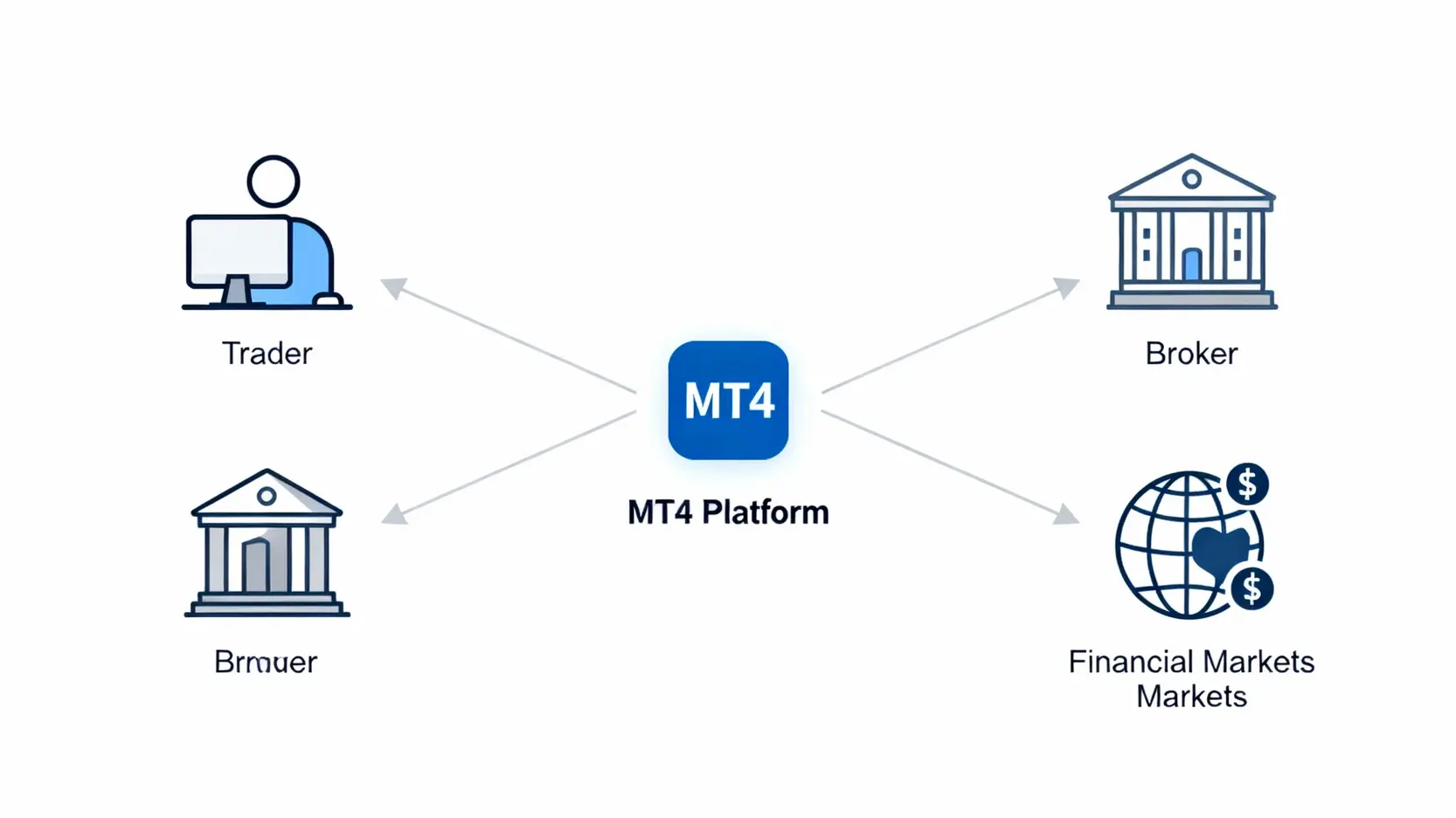 一張概念圖，展示MT4平台如何作為交易者、經紀商與金融市場之間的中介橋樑。