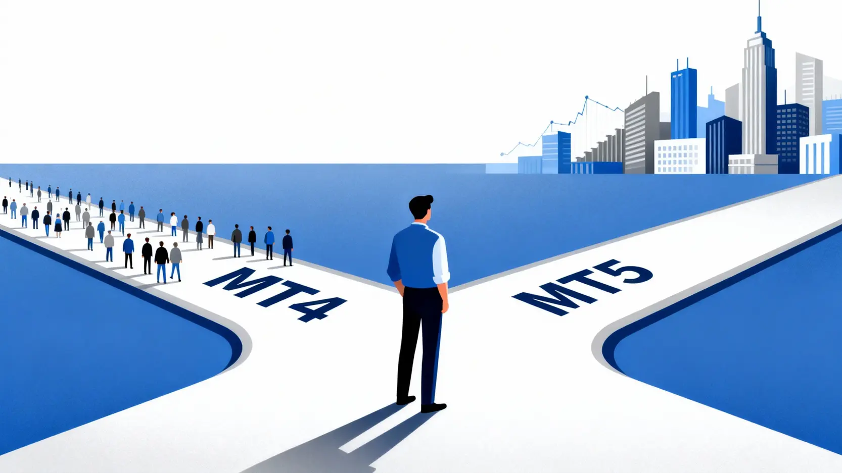 一位交易者站在MT4與MT5的路口抉擇，象徵著在兩個交易平台間的選擇。