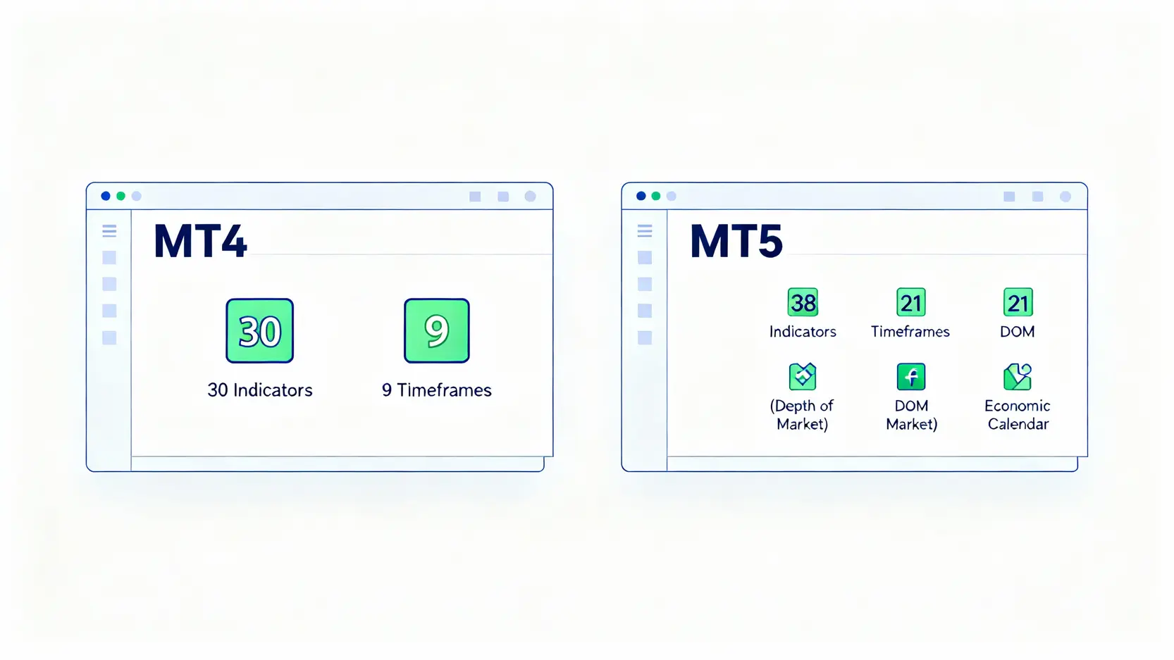 MT4與MT5功能對比圖，顯示MT5擁有更多內建指標、時間週期、市場深度和經濟日曆功能。