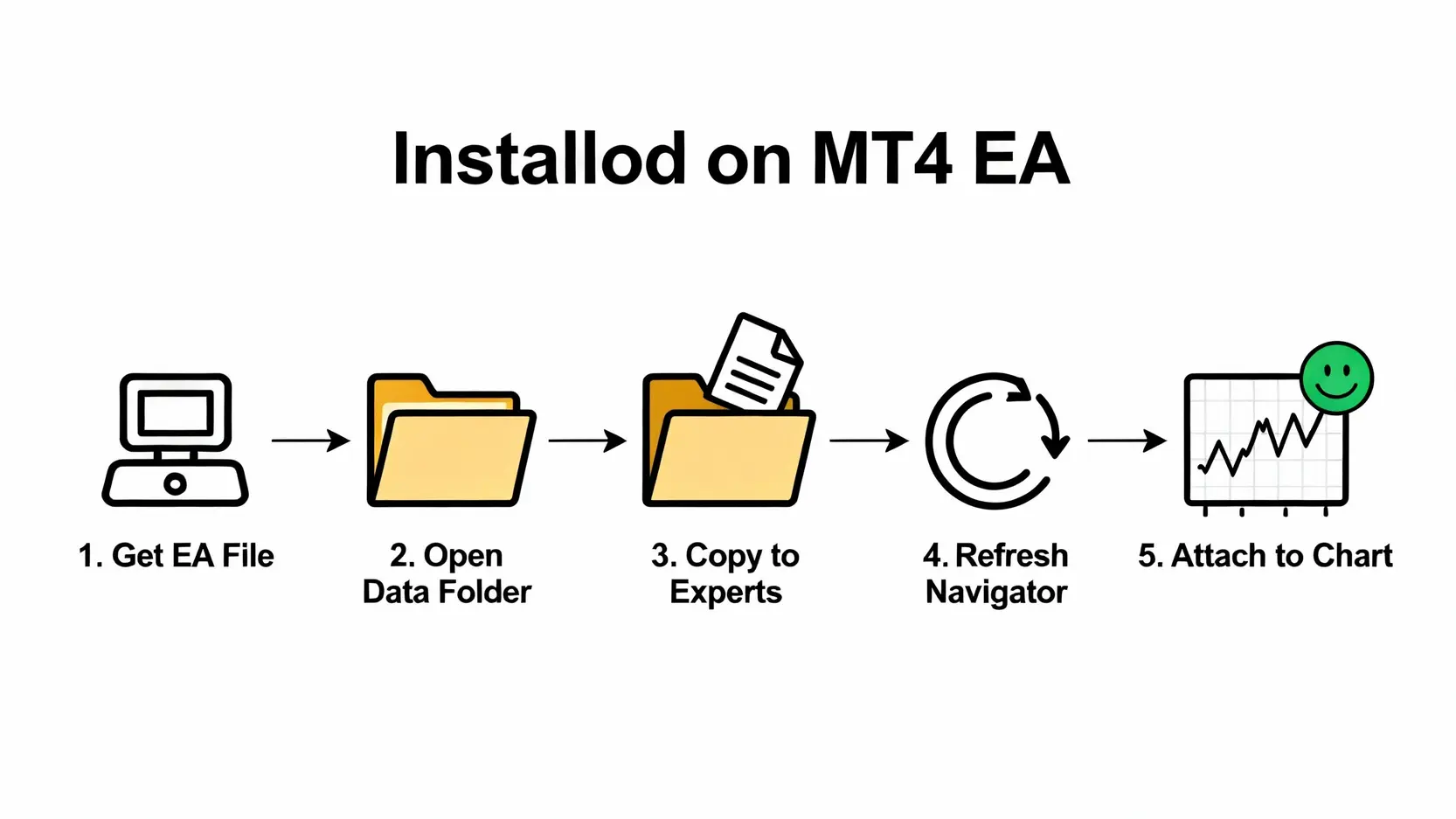 MT4 EA五步驟安裝教學示意圖。