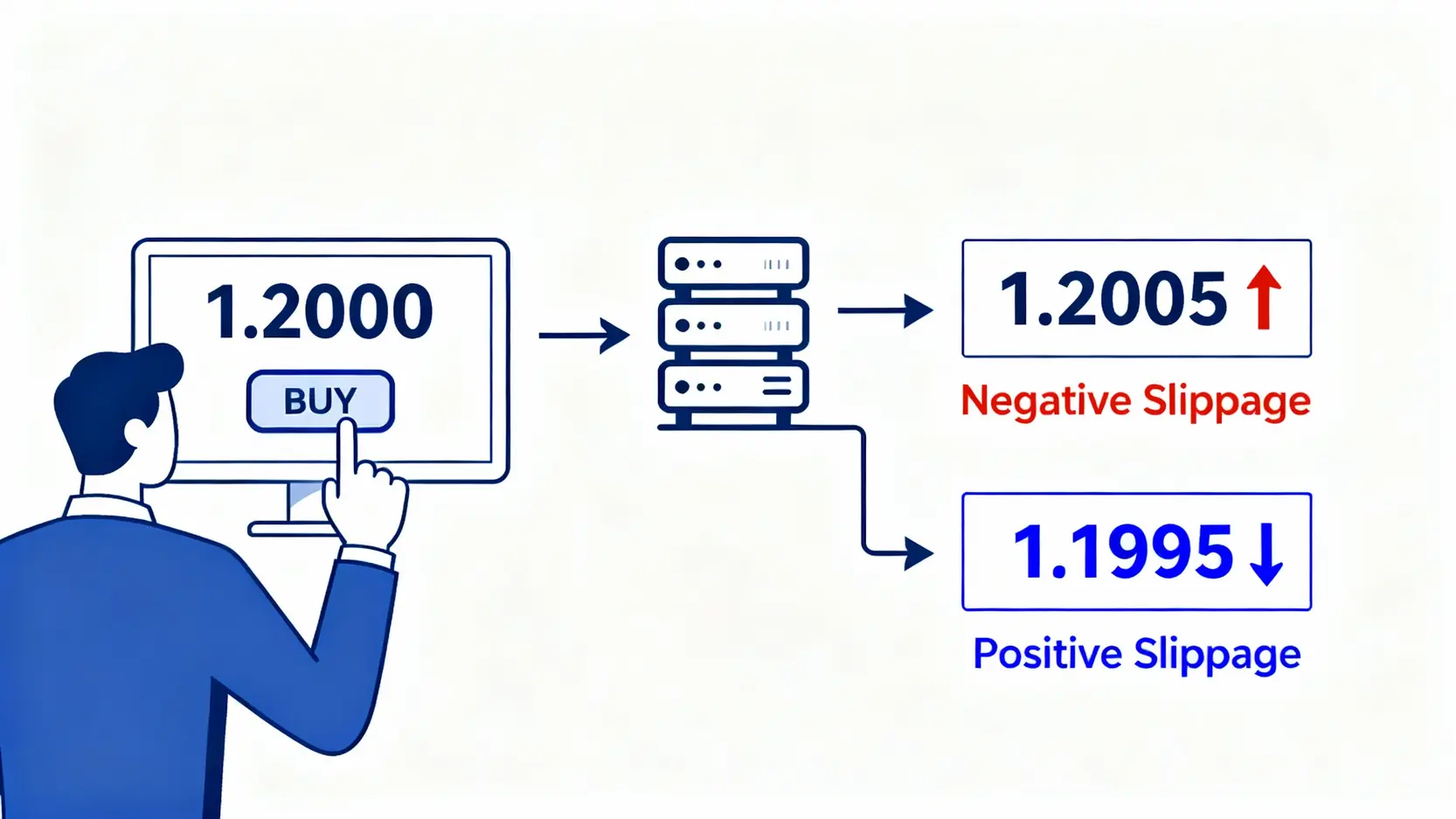 MT4滑點應對與掛單教學:一篇搞定原因、策略與平板版下載 MT4滑點概念圖,顯示預期下單價格與最終成交價格之間的差異。