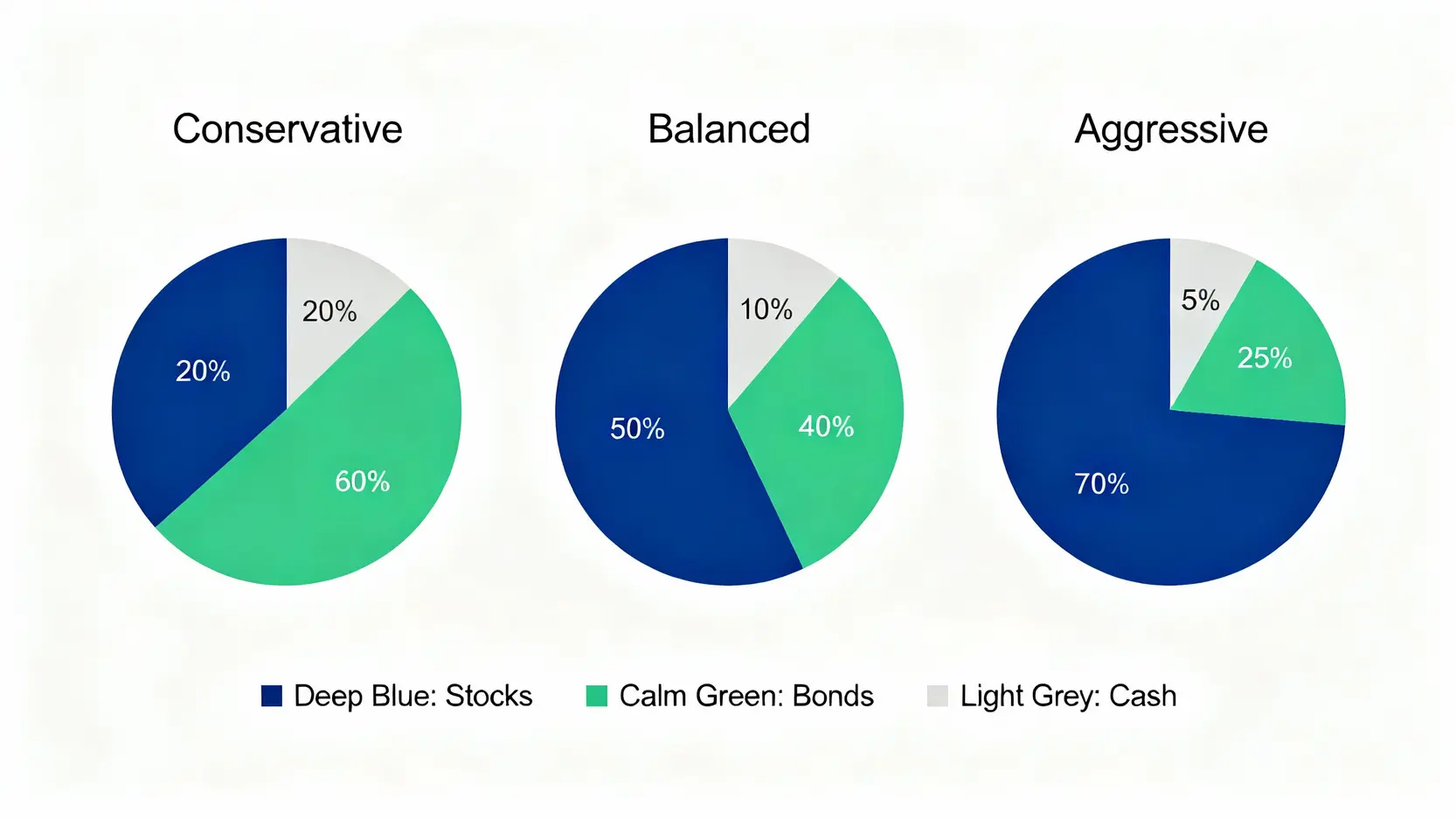 三種不同風險類型的資產配置圓餅圖，分別展示保守型、穩健型和積極型投資者在股票、債券和現金上的建議分配比例。