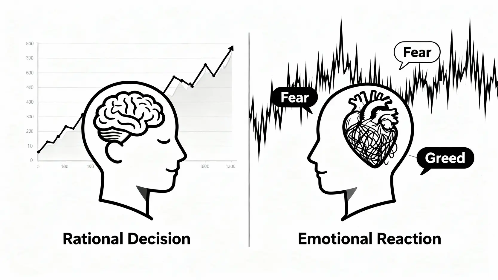 一張對比理性決策與情緒化交易的插圖，左邊是冷靜的大腦對應穩定的市場，右邊是恐懼與貪婪的心對應波動的市場。