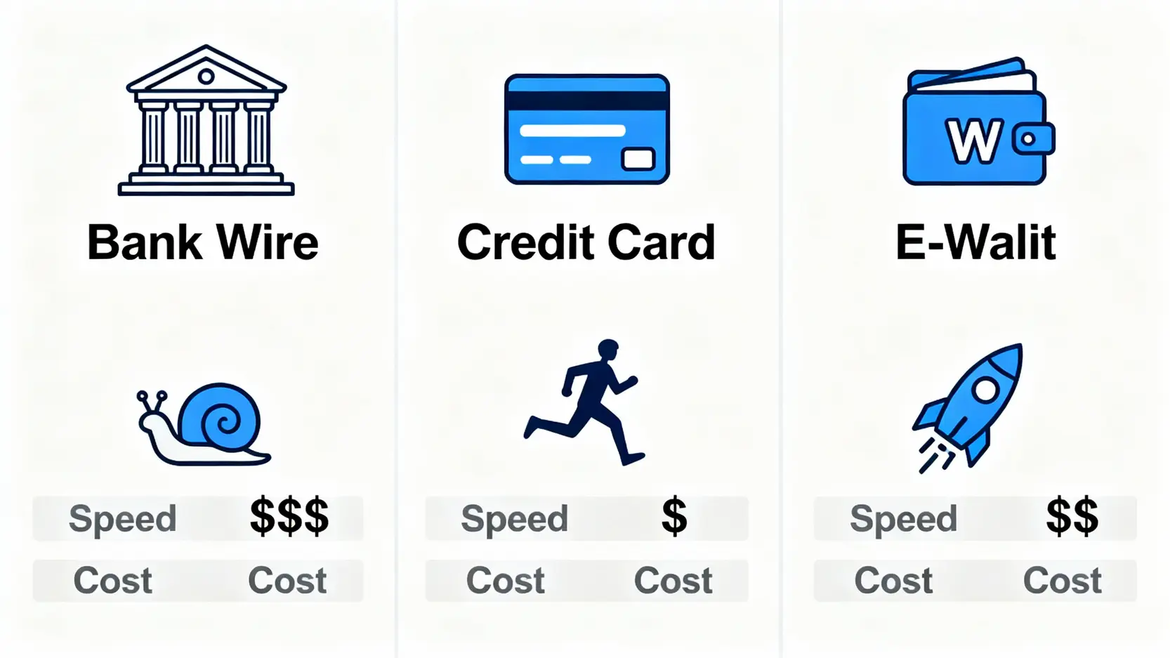 三種主要外匯出金方式比較圖，包含銀行電匯、信用卡和電子錢包，對比其速度與費用。