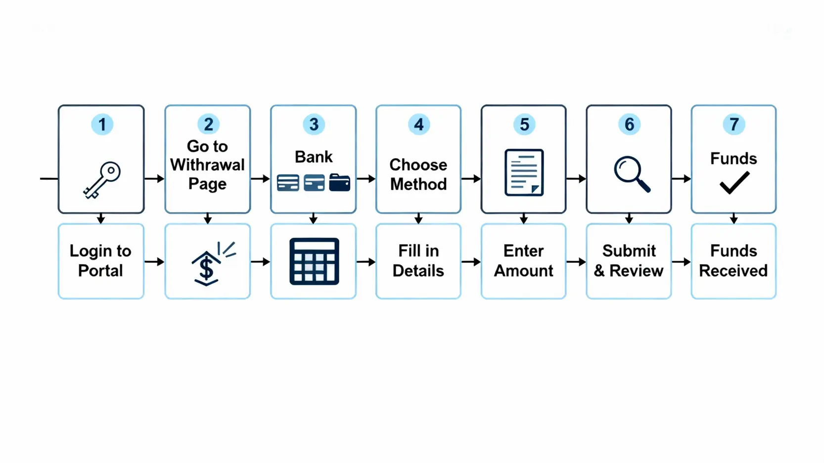 外匯平台標準出金流程的七個步驟示意圖，從登入後台到資金到帳。