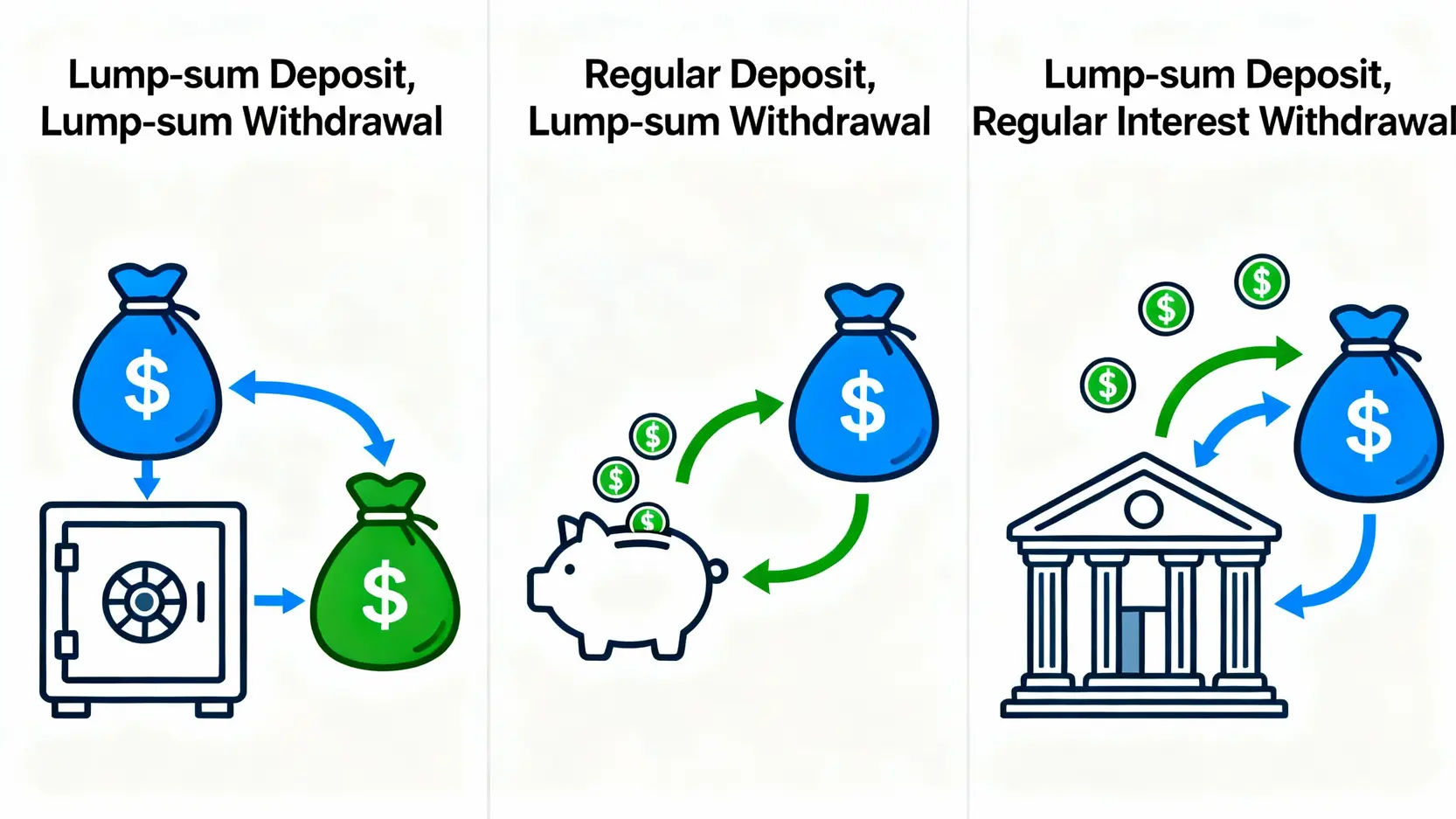 存本取息、整存整付、零存整付比較:一篇搞懂定期存款種類與怎麼選 一張圖說明整存整付、零存整付、存本取息三種定存的資金流動方式比較。
