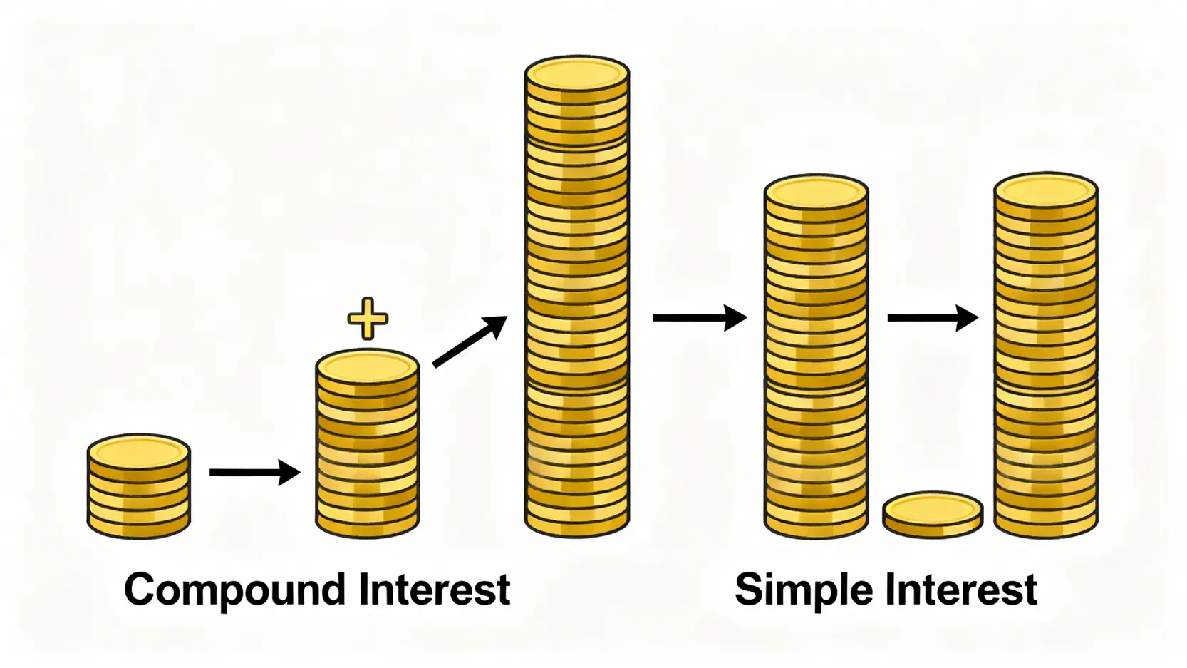 存本取息、整存整付、零存整付比較:一篇搞懂定期存款種類與怎麼選 複利與單利計算方式的比較圖,顯示複利是利滾利而單利不是。