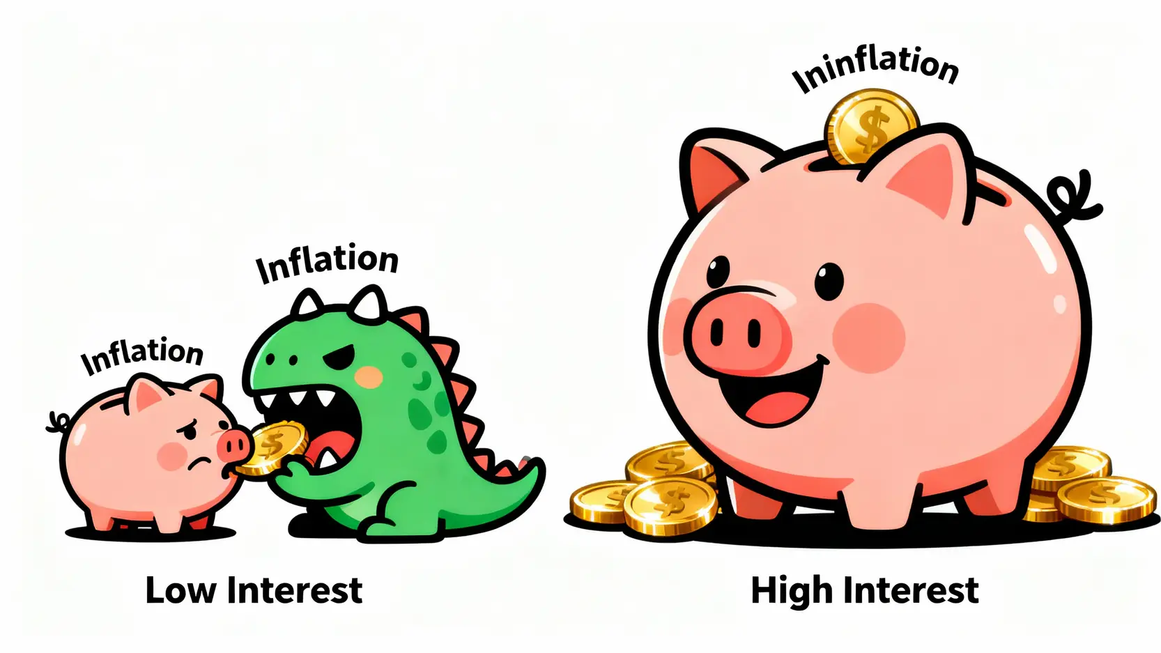 一張對比圖，顯示低利率存款的錢被通膨侵蝕，而高利率存款的錢則在增長。