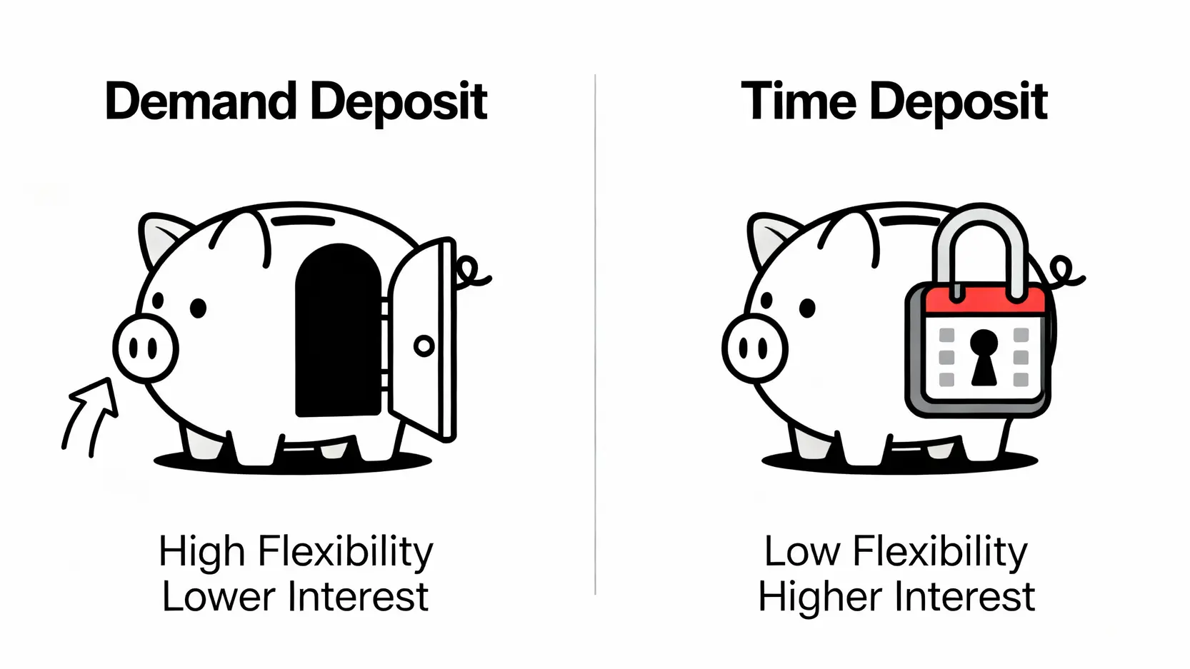 活存與定存的比較圖，活存展現高靈活性低利率，定存展現低靈活性高利率。