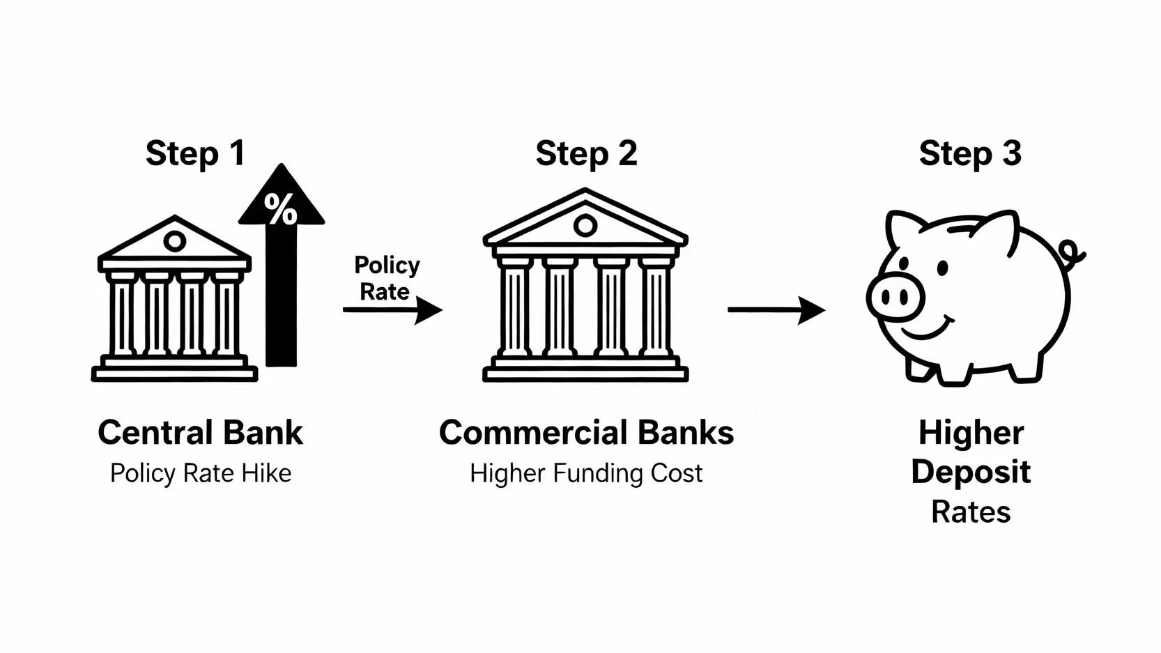 央行升息如何影響銀行存款利率的流程圖。