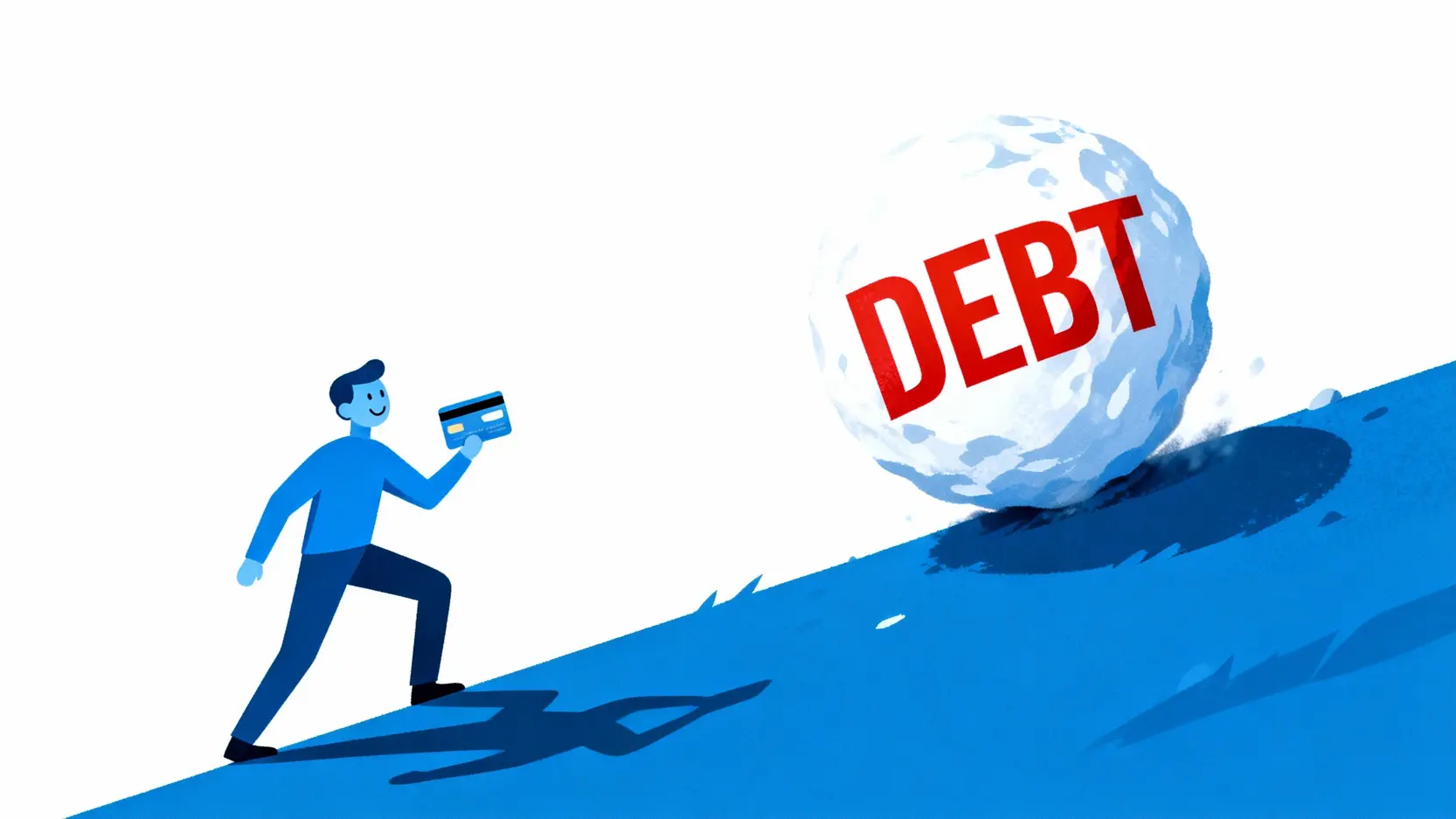 信用卡循環利息陷阱示意圖，一個人被標示為債務的雪球追趕。