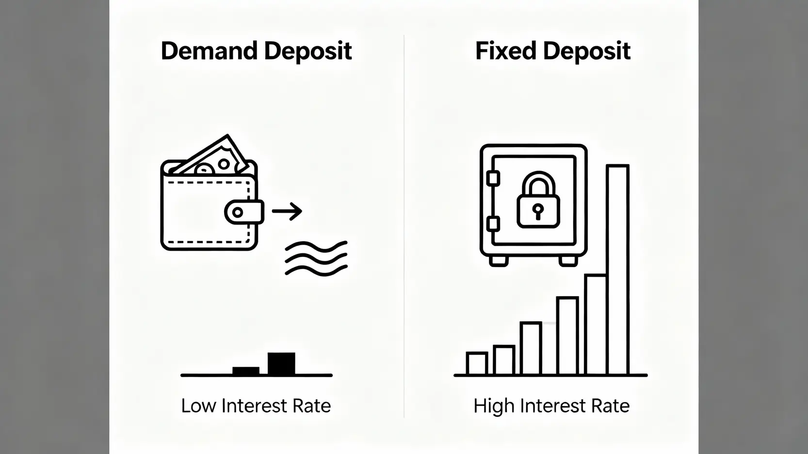 活存與定存的差別比較圖，左邊活存資金彈性高但利率低，右邊定存利率高但資金被鎖定。