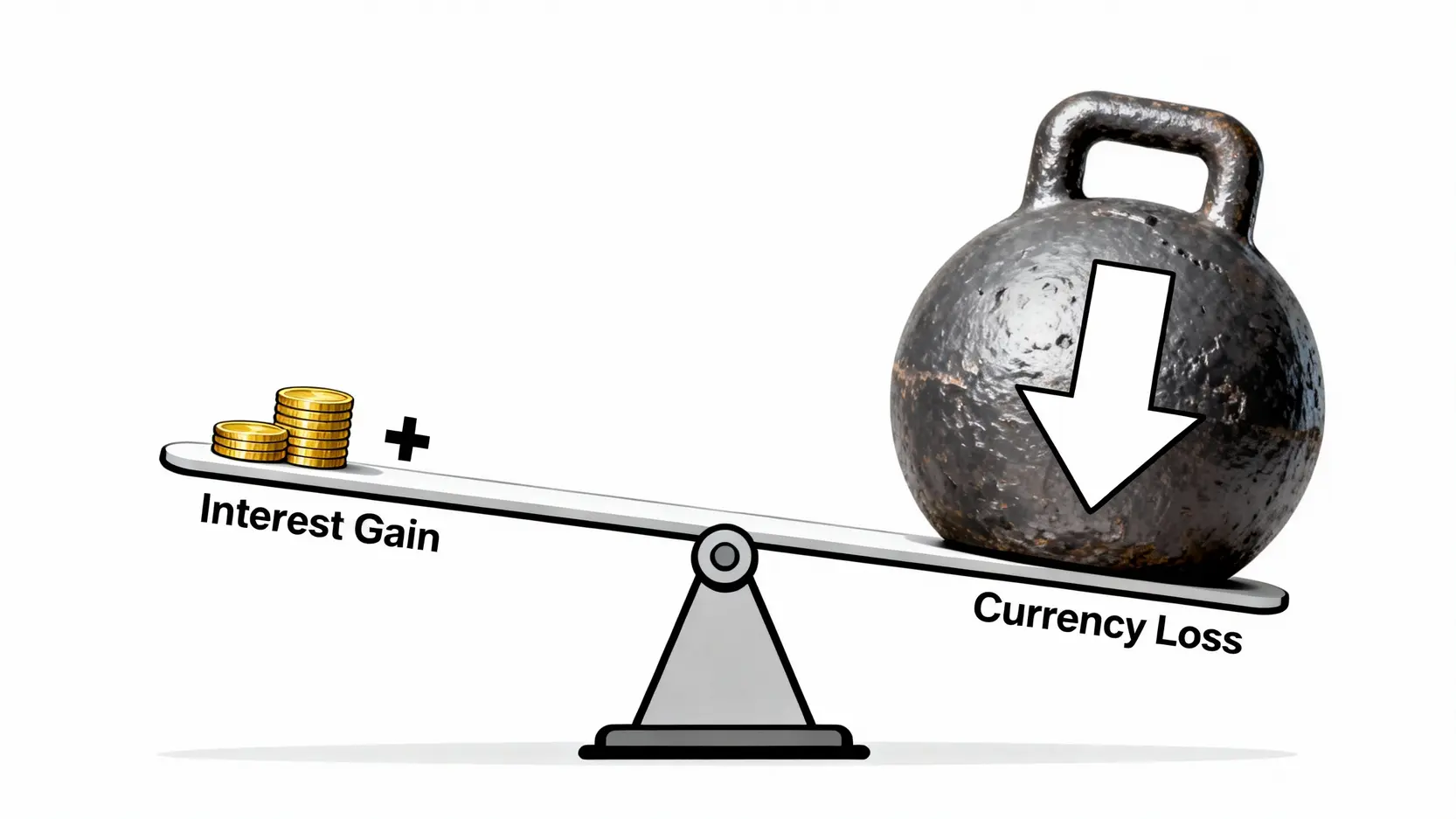 一張說明匯率風險的示意圖，顯示匯損的重量遠大於利息收益。