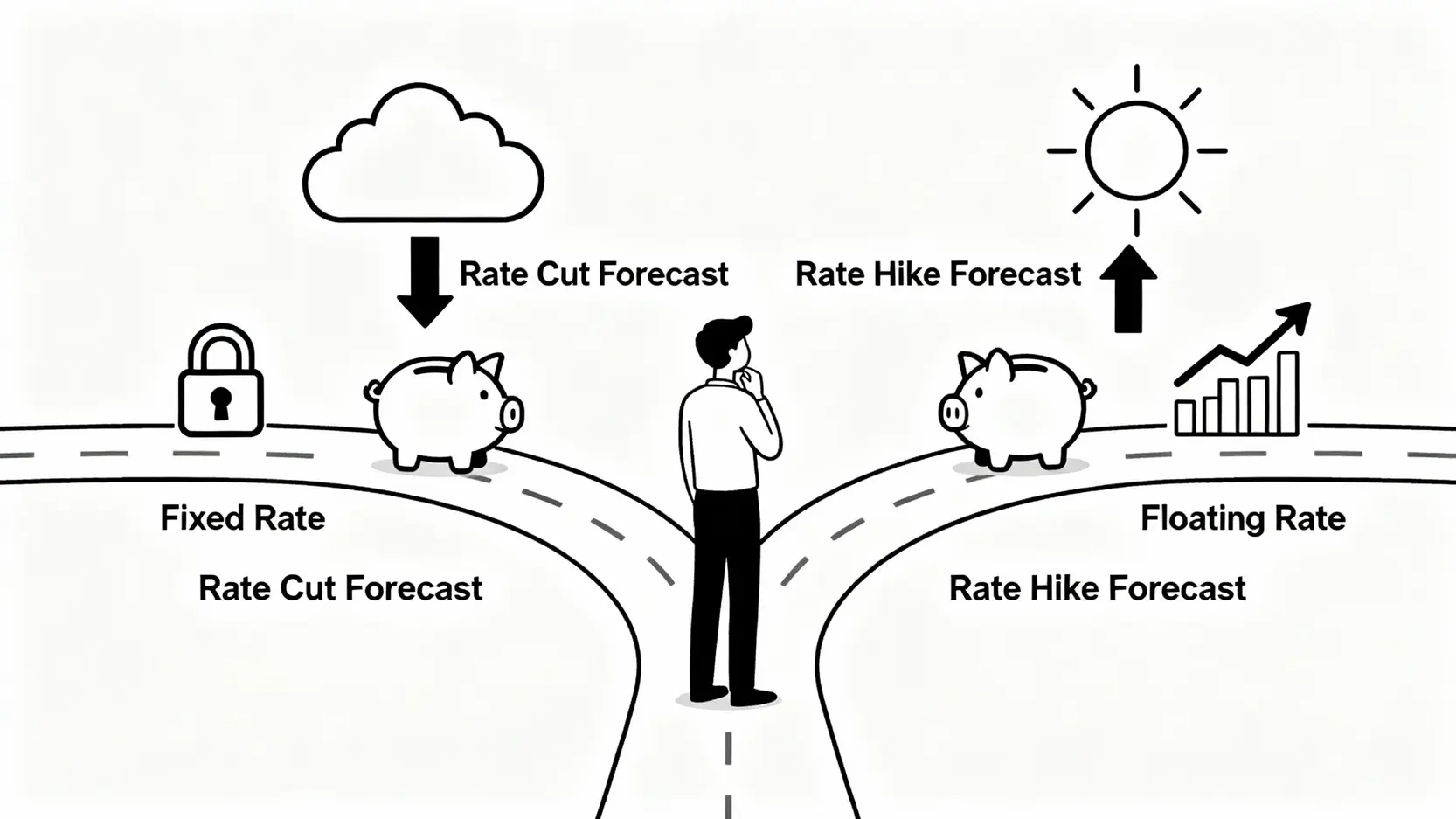 選擇固定利率與機動利率的決策圖，說明在預期降息時選固定利率，預期升息時選機動利率。