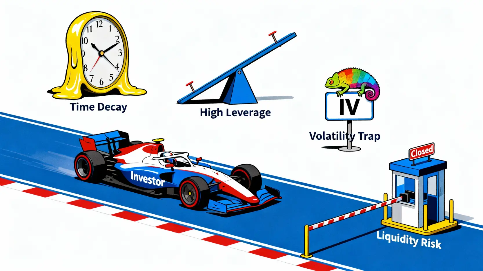 權證風險新手指南:賣不掉、快到期怎麼辦?一篇看懂如何避免歸零! 四個權證核心風險的示意圖,包含時間流逝、高槓桿、隱含波動率陷阱和流動性風險。
