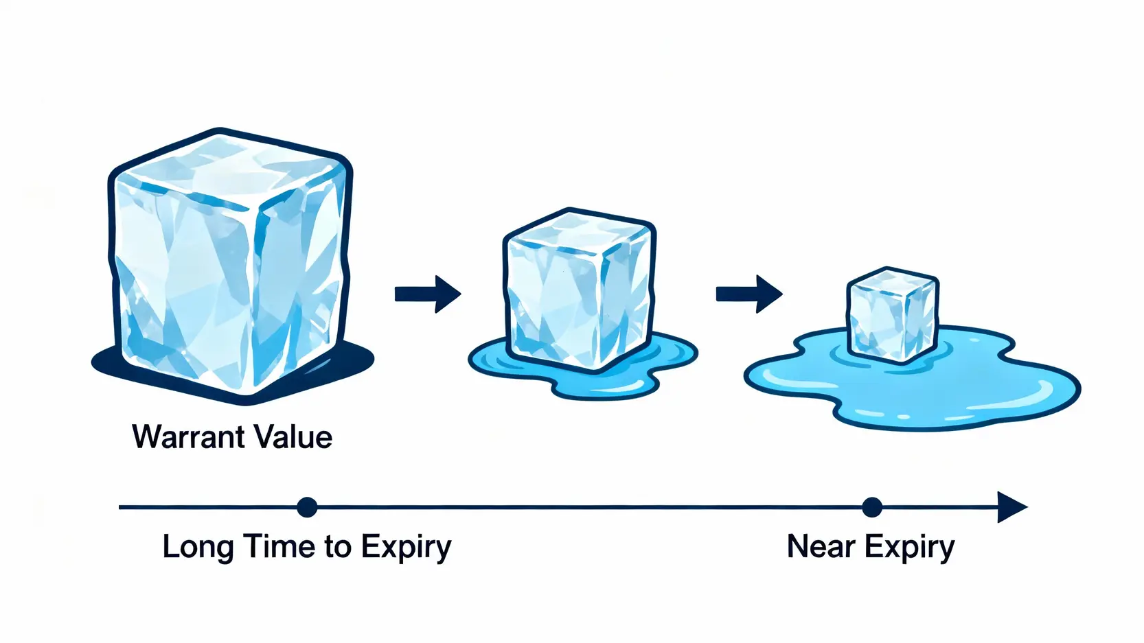 權證時間價值損耗示意圖，一塊代表權證價值的冰塊隨著時間流逝而融化。