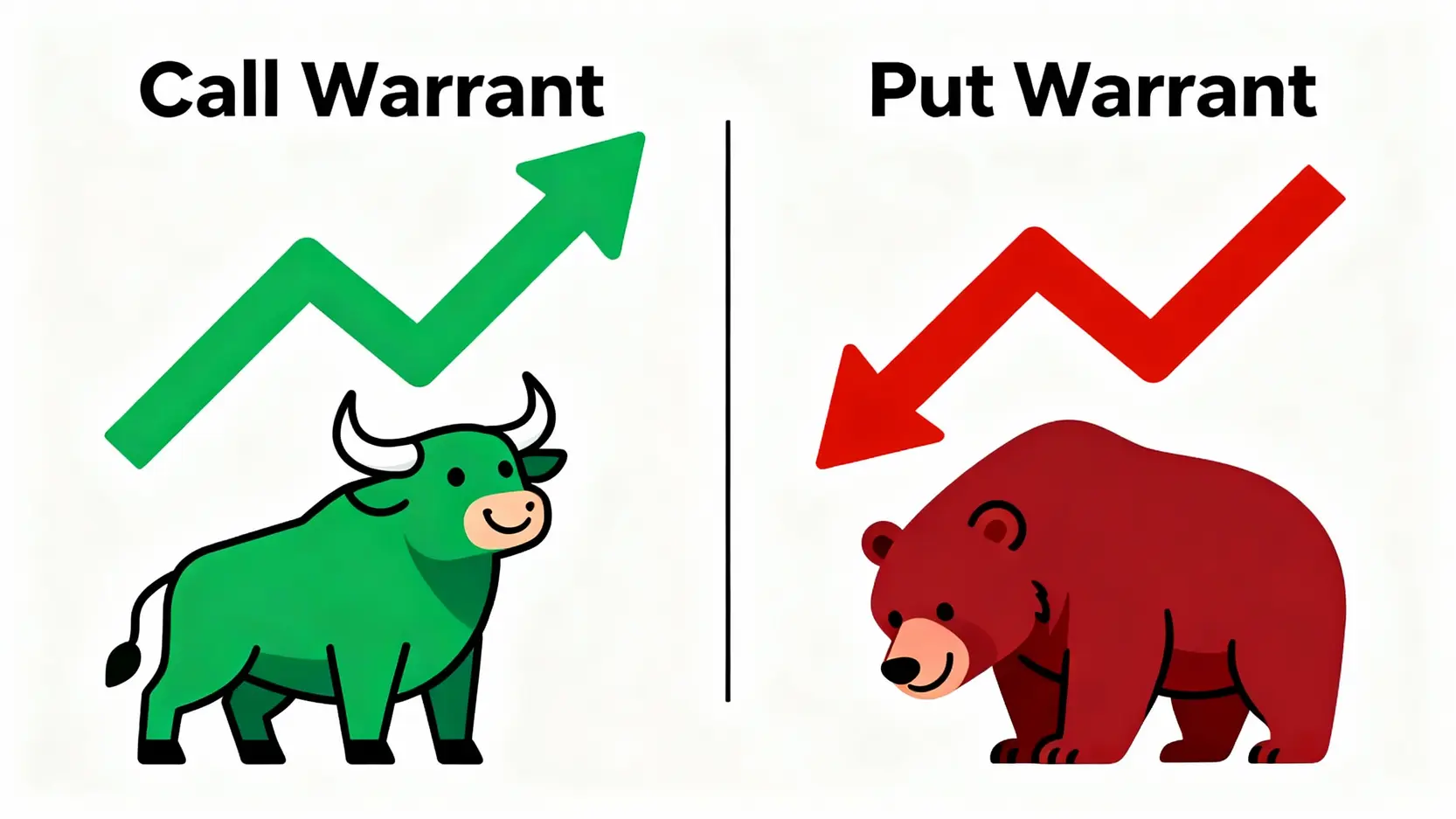 認購權證與認售權證的區別圖，左邊是看漲的牛市，右邊是看跌的熊市。