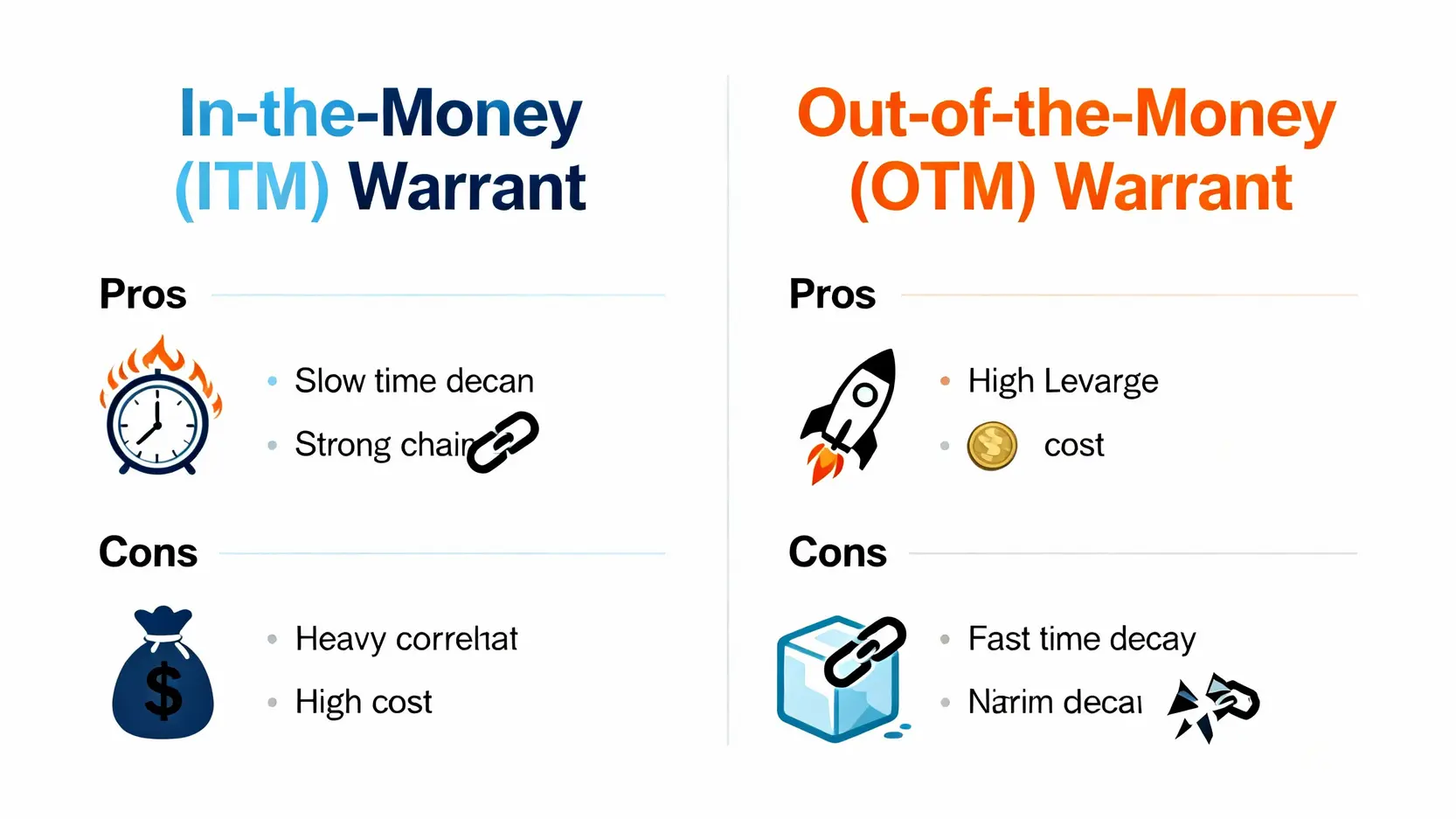 權證價內價外怎麼選?一篇搞懂履約、時間價值與投資勝率 一張對比價內權證與價外權證優缺點的圖表,包含槓桿、時間價值和成本等面向。