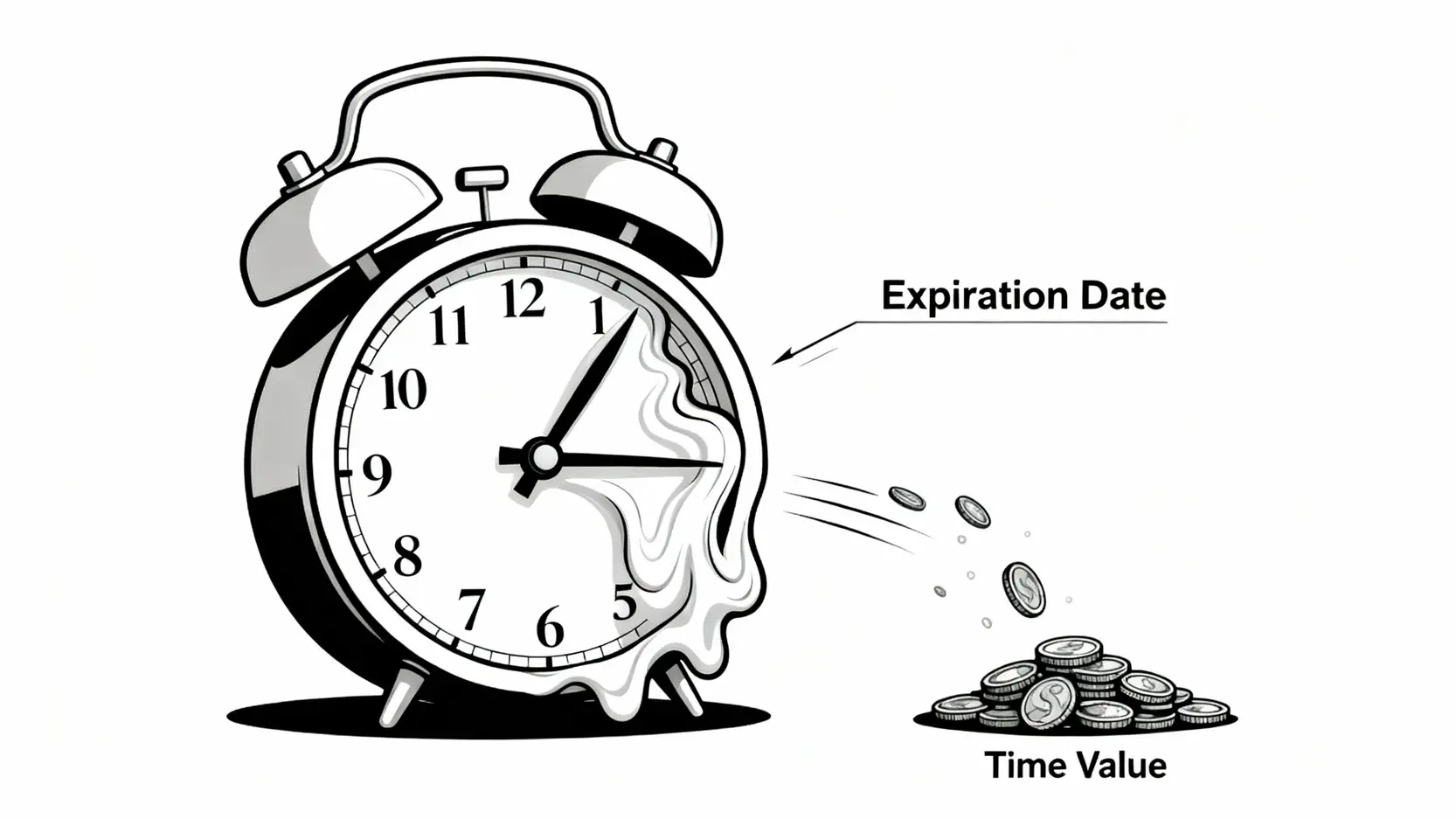 期權風險全解析:搞懂手續費、按金計算,避開交易陷阱 時間價值損耗示意圖,一個融化的時鐘象徵著期權價值隨時間流逝。