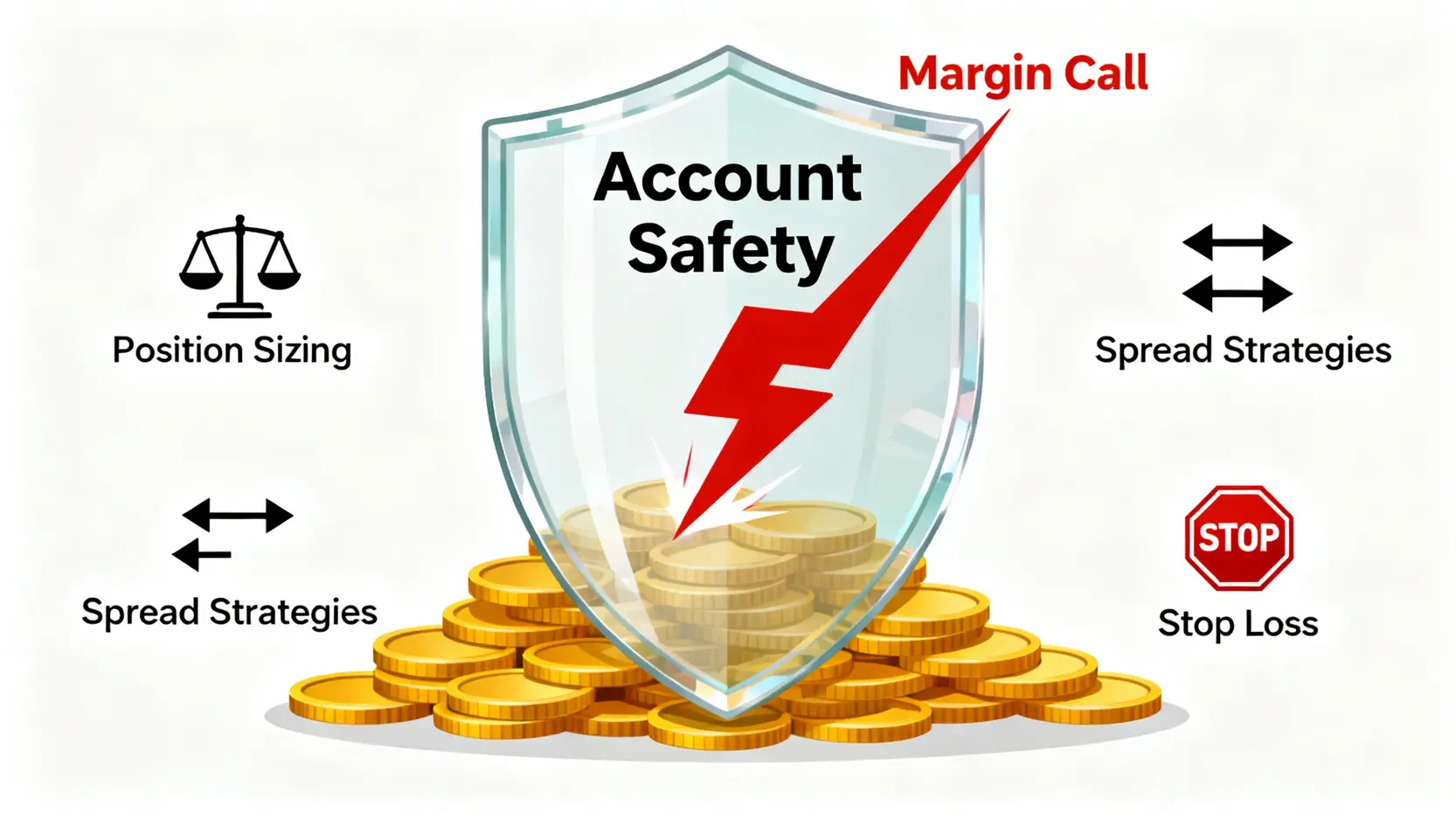 期權風險全解析:搞懂手續費、按金計算,避開交易陷阱 避免被追繳按金的三大策略示意圖,包括控制倉位、價差策略與設定停損。