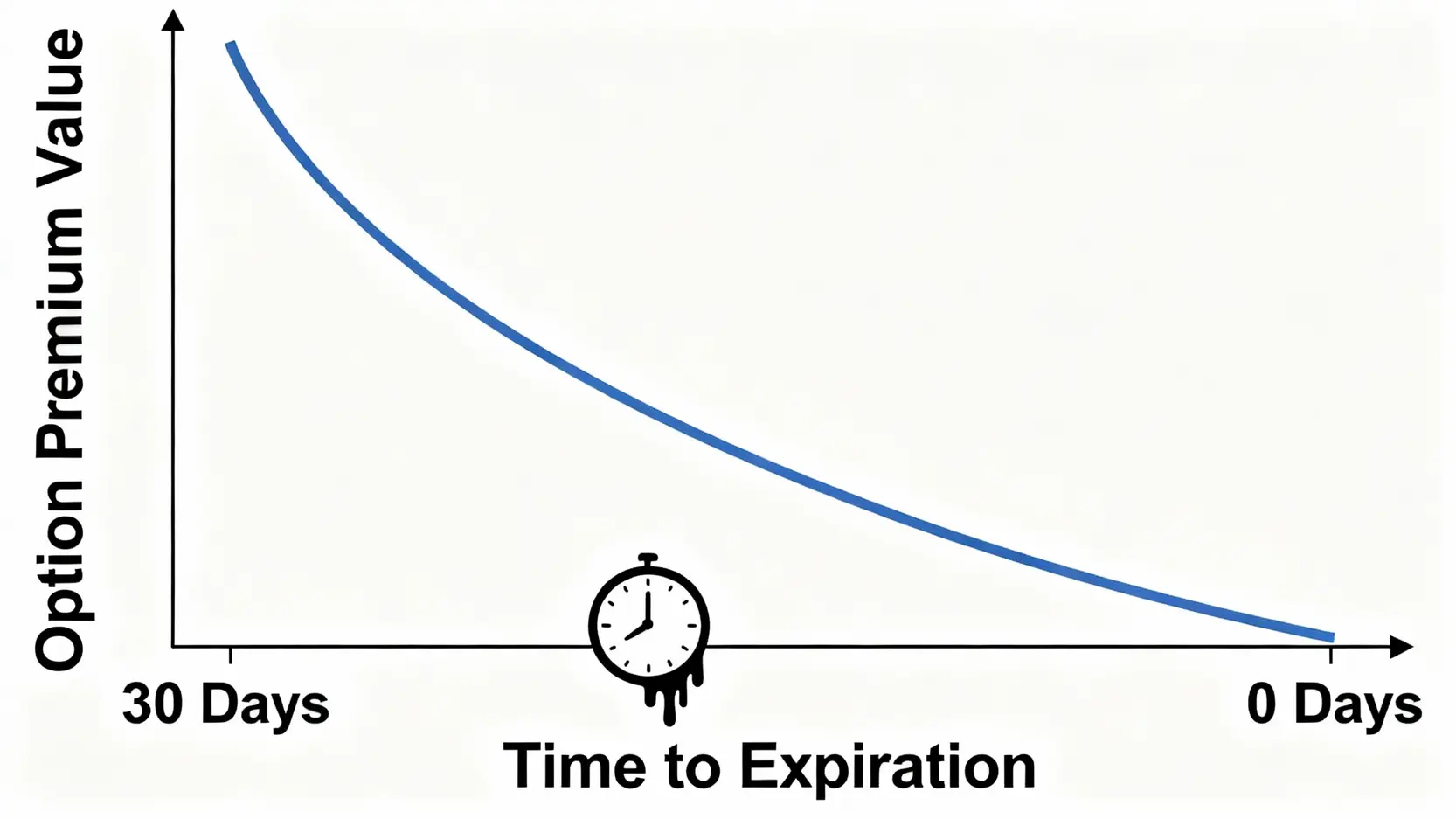 台指期權新手懶人包:一次搞懂台股期權交易策略與保證金計算 一張解釋期權時間價值損耗的圖表,顯示權利金價值隨著到期日的接近而加速減少。