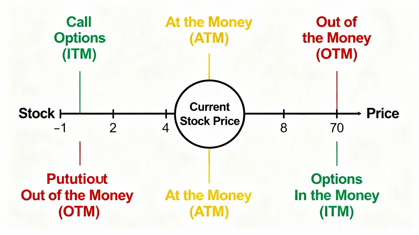 期權怎麼玩?新手懶人包:從0到1搞懂期權交易與模擬操作全攻略 價內、價平、價外期權示意圖,解釋履約價與市價的相對關係。