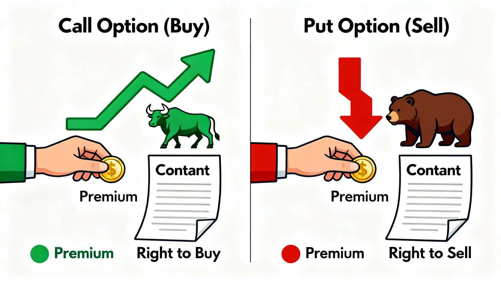 期權怎麼玩?新手懶人包:從0到1搞懂期權交易與模擬操作全攻略 買權(Call)與賣權(Put)的核心概念對比圖,左邊是代表看漲的買權,右邊是代表看跌的賣權。