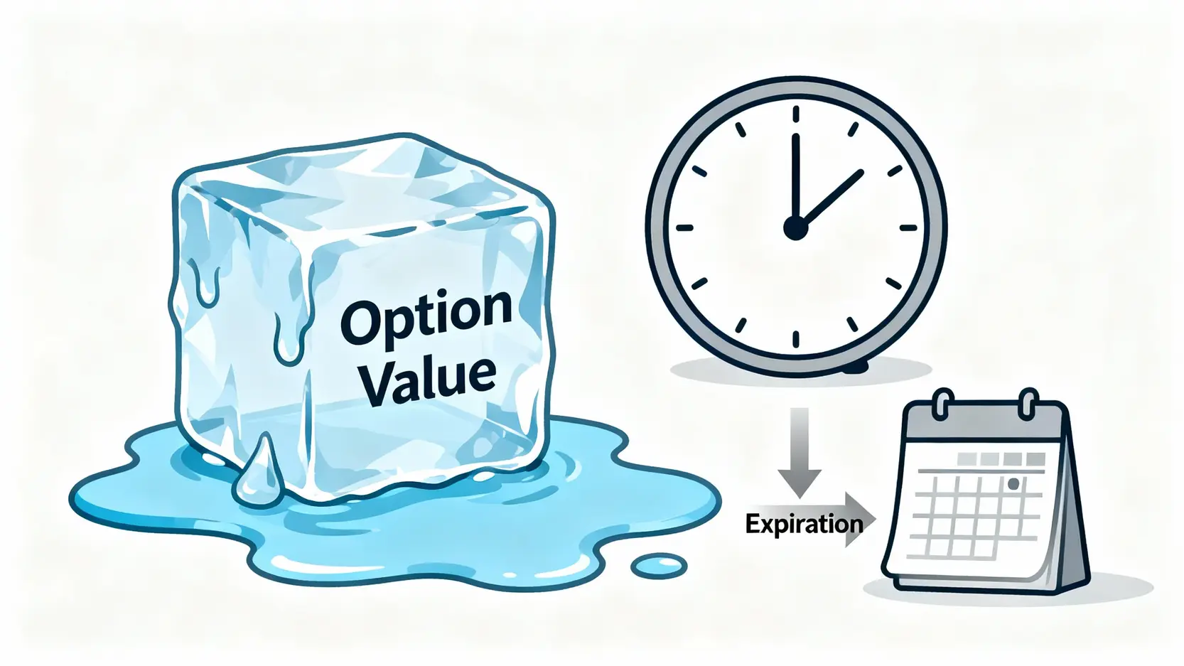 期權是什麼?5分鐘搞懂定義、種類與英文術語|新手入門指南 期權時間價值損耗的概念圖,以融化的冰塊比喻價值隨時間流逝