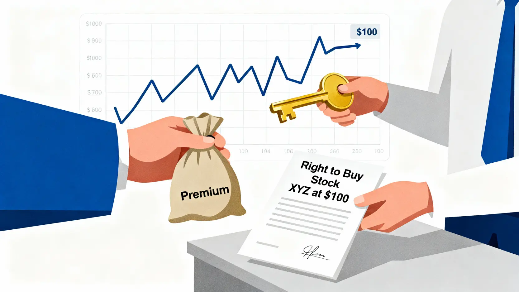 期權是什麼?5分鐘搞懂定義、種類與英文術語|新手入門指南 一位投資者支付權利金以獲得未來用特定價格購買股票的權利之概念圖
