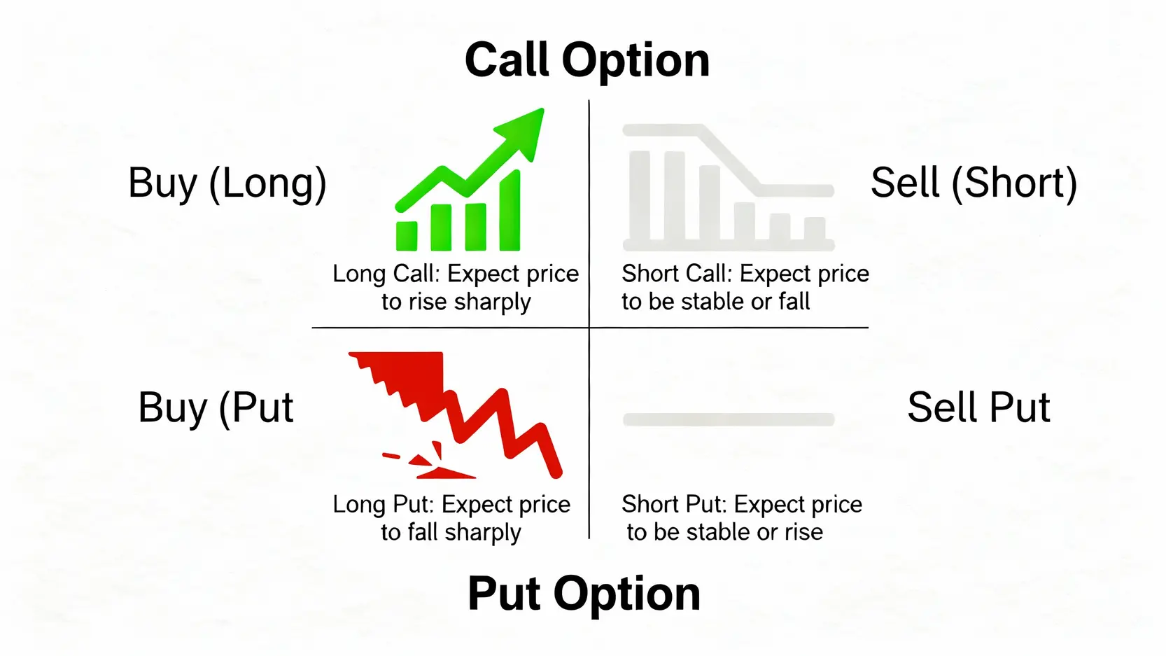看漲期權(LongCall)vs看跌期權是什麼?一篇搞懂買權賣權投資策略 期權四種基本策略的2x2矩陣圖,分別為買入買權、賣出買權、買入賣權、賣出賣權。