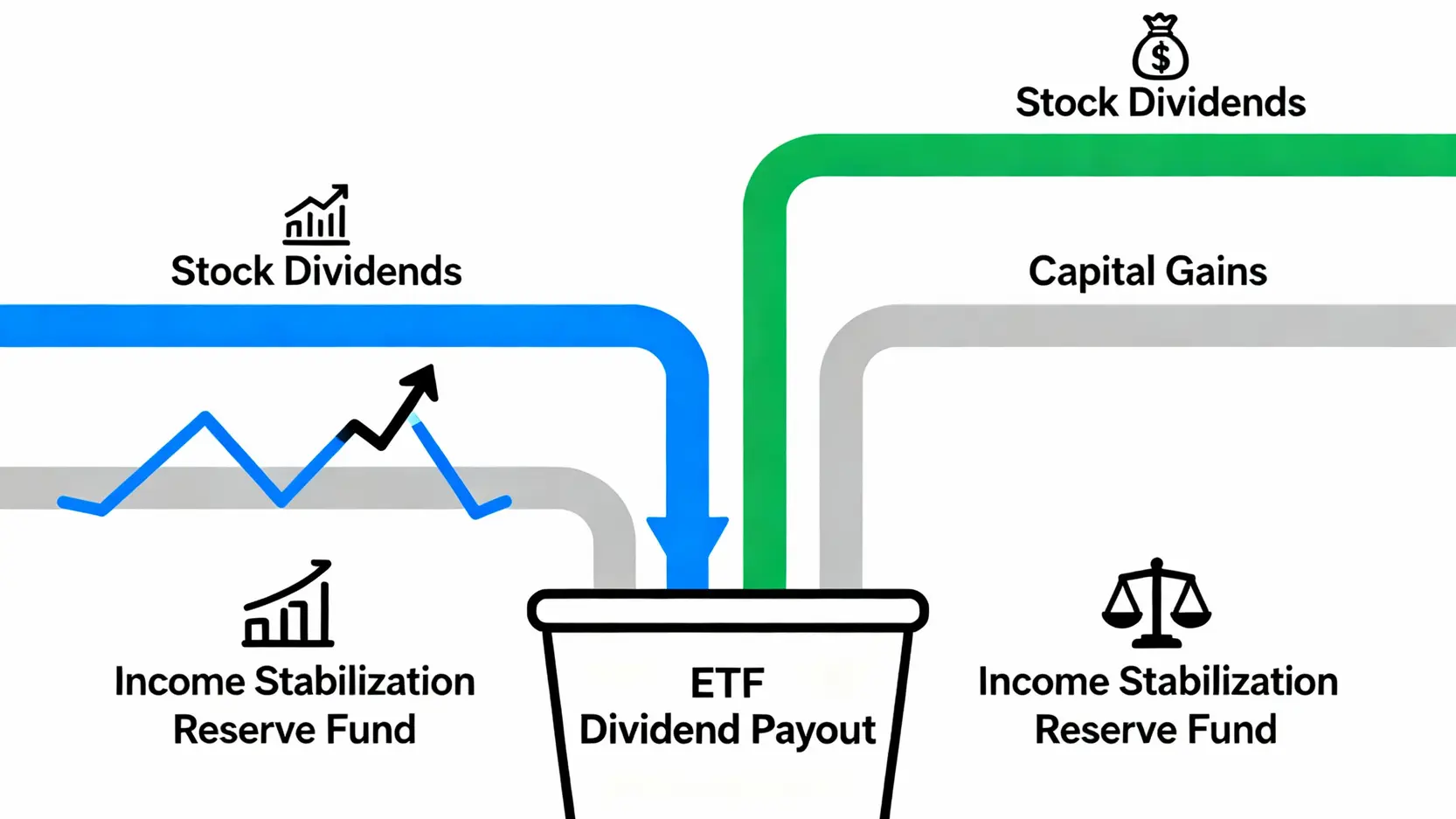 ETF配息三大來源組成圖，包含股利所得、已實現資本利得與收益平準金。