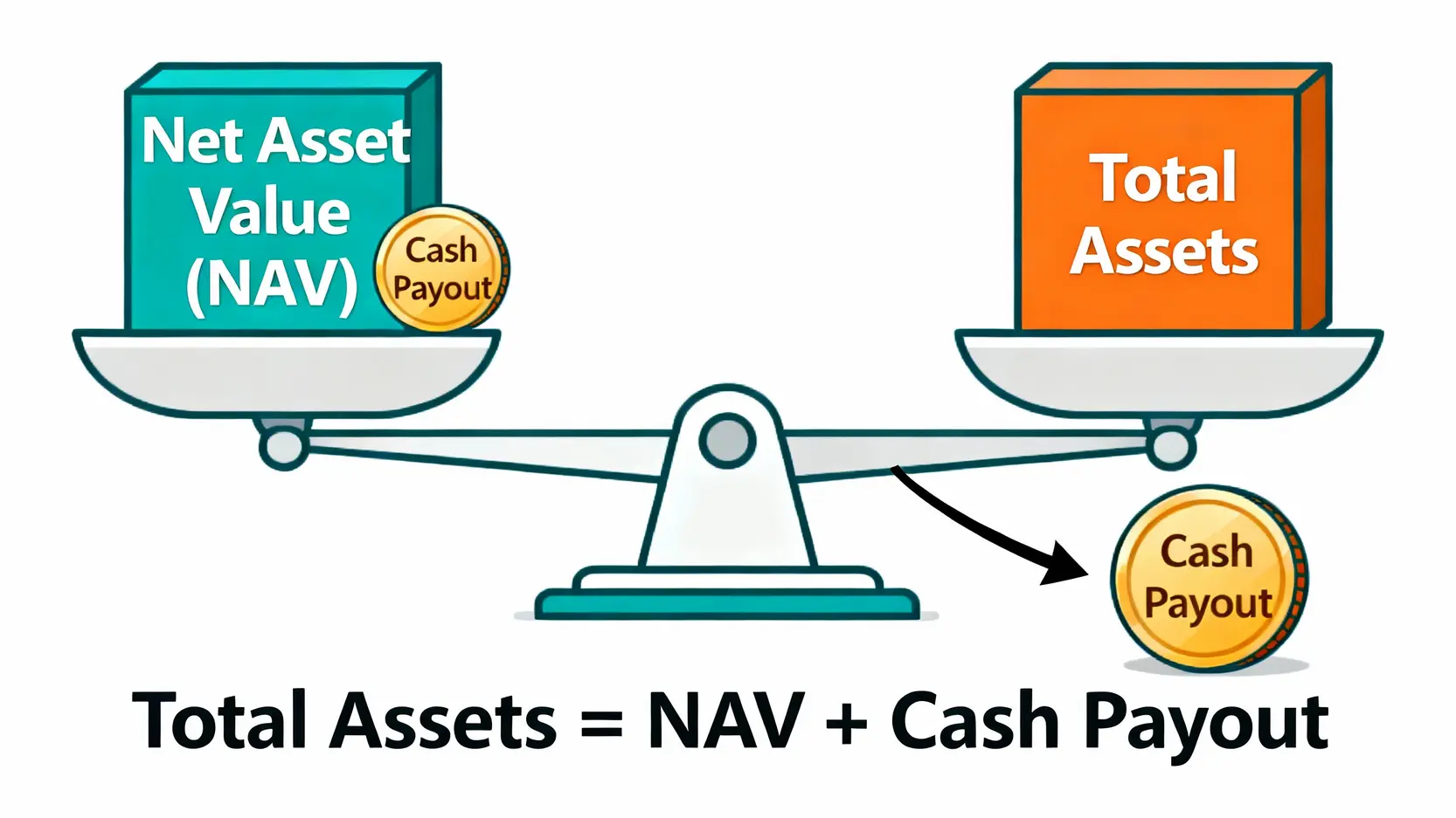 圖解說明收益平準金不影響總報酬率，因為總資產等於淨值加上現金股利。