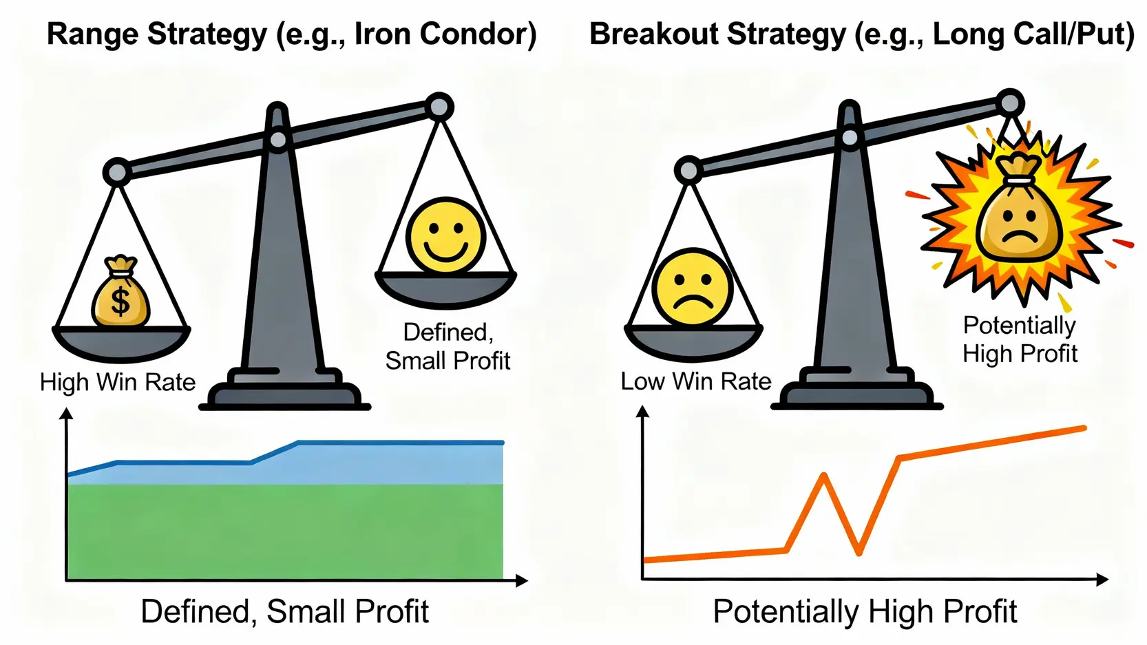 0DTE末日期權全攻略:從週選擇權入門到高勝率玩法與風險 0DTE策略對比圖:區間盤整型策略與趨勢突破型策略的風險回報比較。