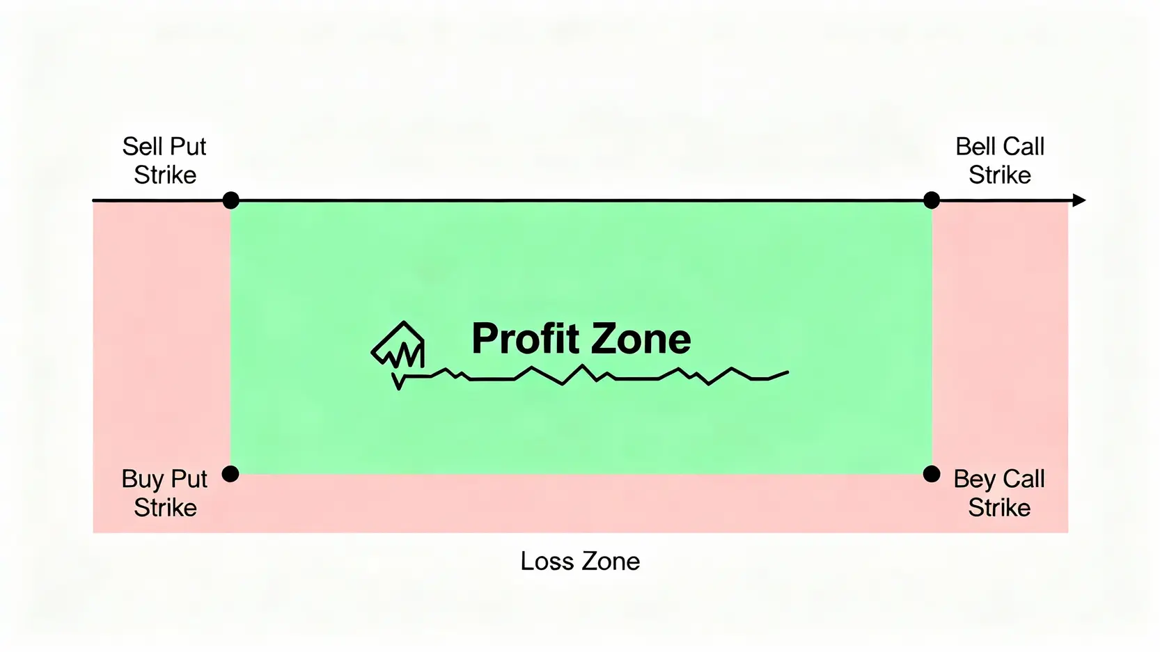 0DTE末日期權全攻略:從週選擇權入門到高勝率玩法與風險 鐵兀鷹 (Iron Condor) 選擇權策略示意圖,展示了如何透過買賣選擇權建立一個中間的獲利區間。