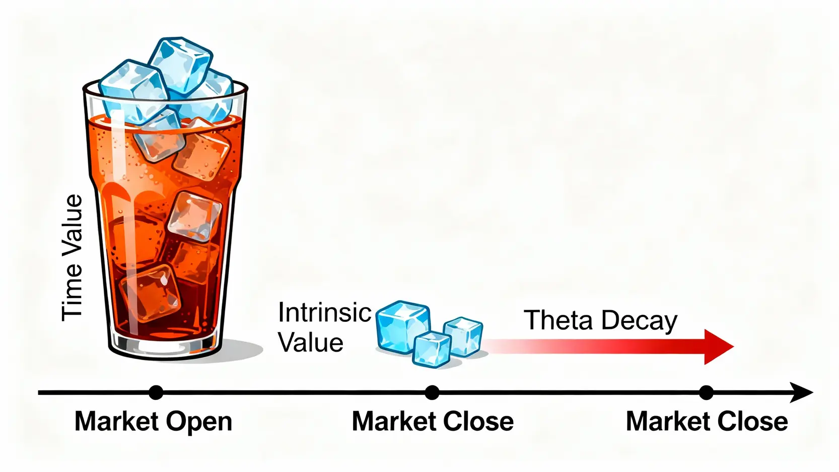 0DTE末日期權全攻略:從週選擇權入門到高勝率玩法與風險 一張圖表解釋0DTE選擇權的時間價值(Theta)衰減,展示了從開盤到收盤,時間價值如冰塊般快速融化。
