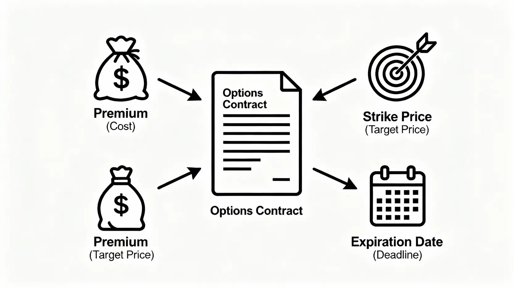 一張概念圖解釋期權合約的三大核心要素：期權金、行使價與到期日。