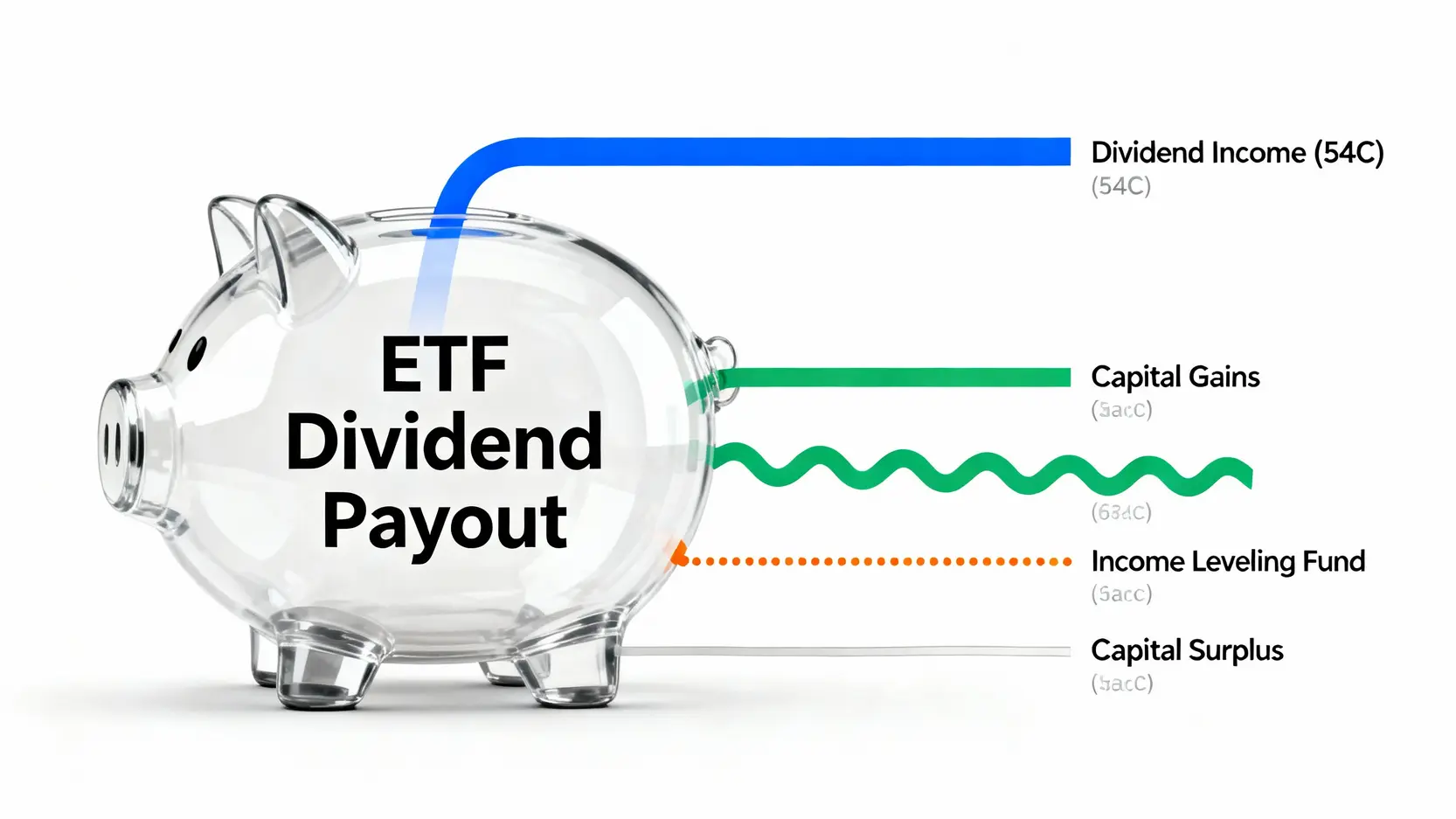 ETF配息來源組成示意圖，一個存錢筒代表總配息，有四道不同大小的水流注入，分別代表股利所得、資本利得、收益平準金和資本公積。