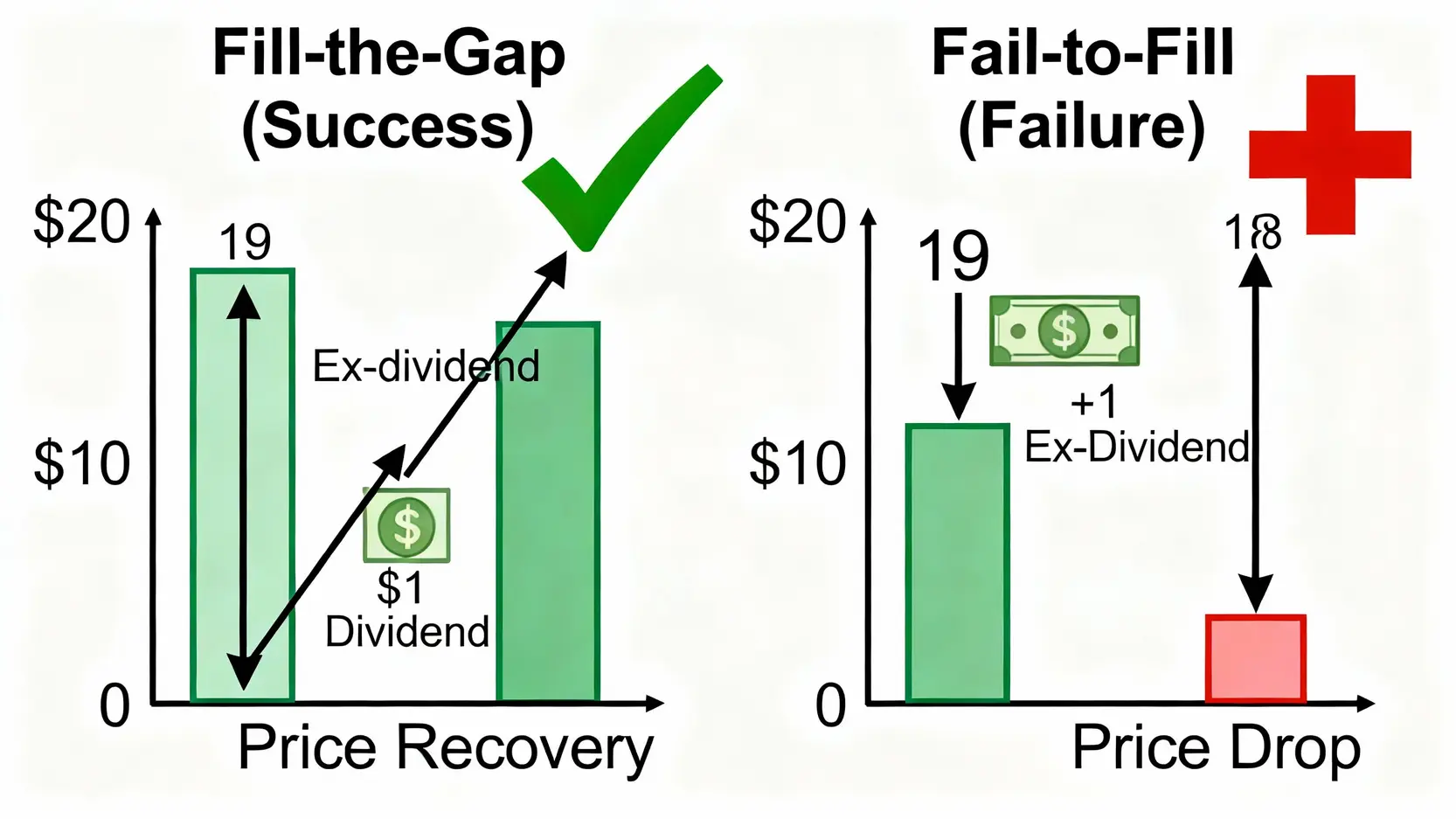 填息與貼息的對比圖。左圖顯示除息後股價回升至原點的「填息」成功情況。右圖顯示除息後股價持續下跌的「貼息」失敗情況。