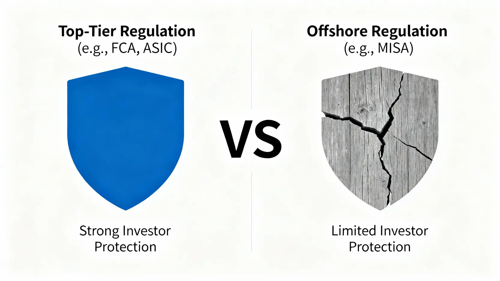 一級監管機構與離岸監管機構的保護力道對比圖，顯示FCA/ASIC的保護力遠強於MISA。