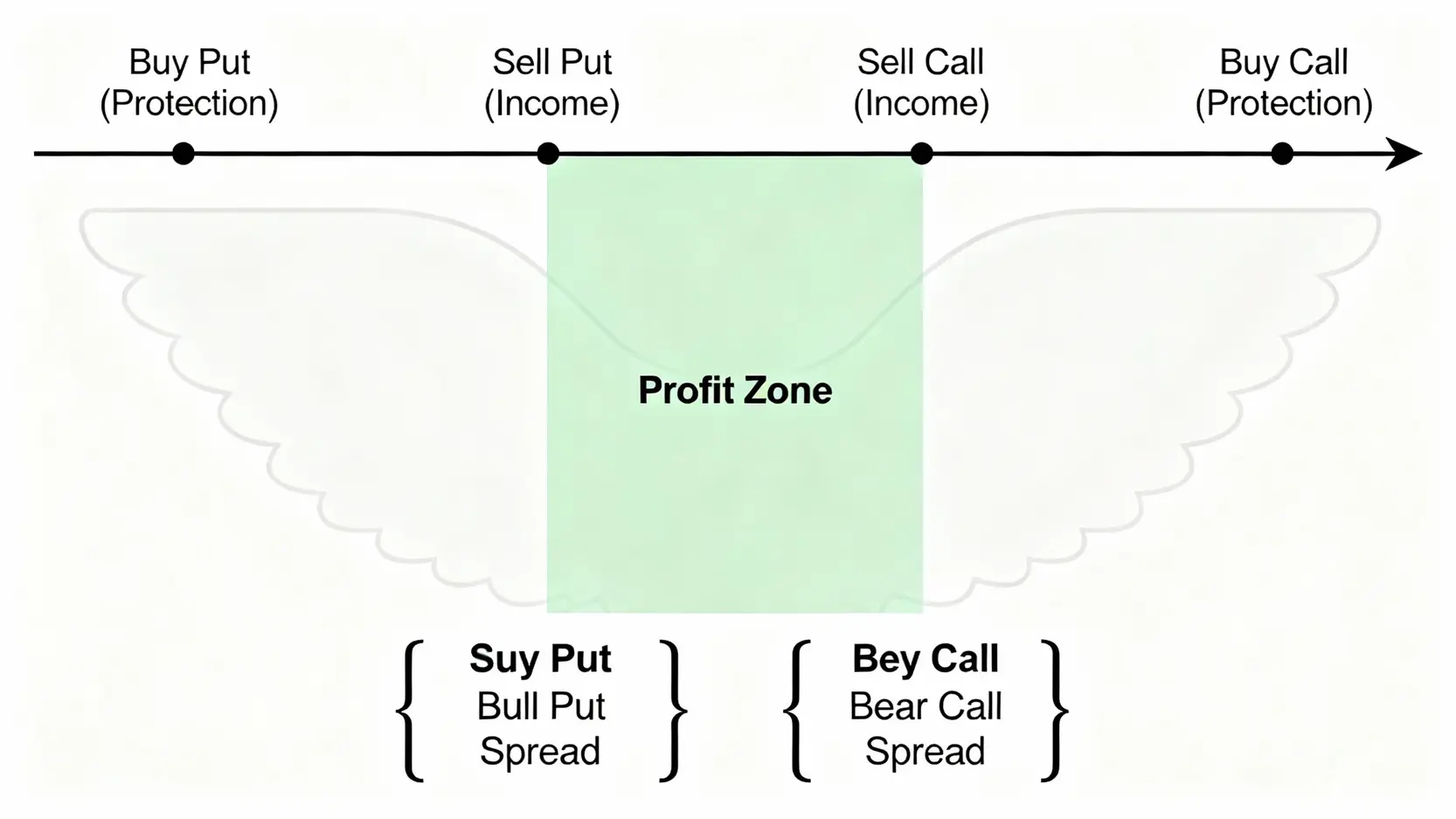 期權策略大全:圖解跨式、Iron Condor與滾量法,高手交易策略一次學會 鐵鷹策略 (Iron Condor) 的結構示意圖,由一個看漲的Bull Put價差單和一個看跌的Bear Call價差單組成,中間形成一個獲利區間。