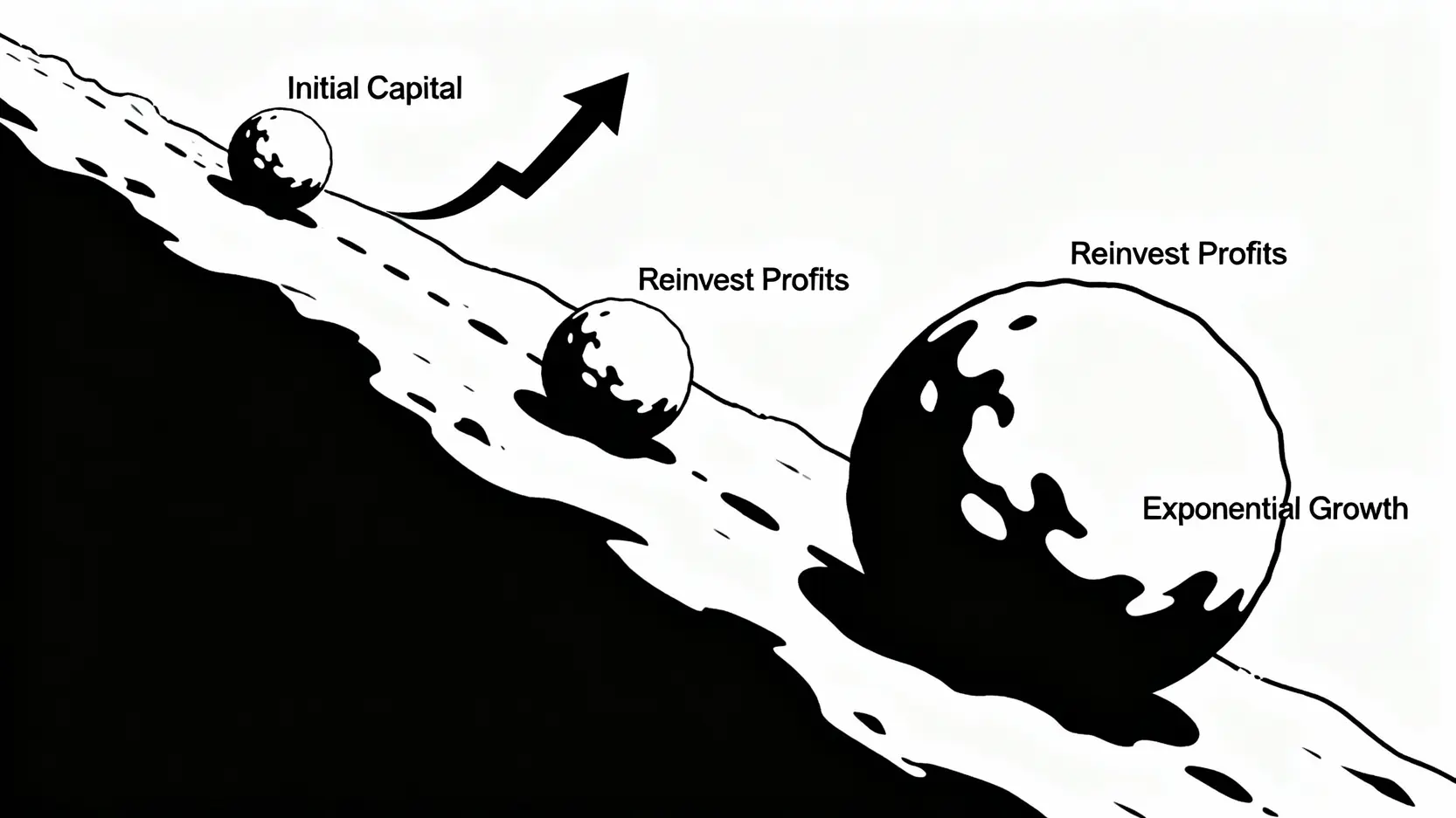 期權策略大全:圖解跨式、Iron Condor與滾量法,高手交易策略一次學會 期權滾量法的雪球效應示意圖,一個小雪球(初始資金)從山坡滾下,隨著不斷滾動(獲利加碼),最終變成一個巨大的雪球(指數級增長)。