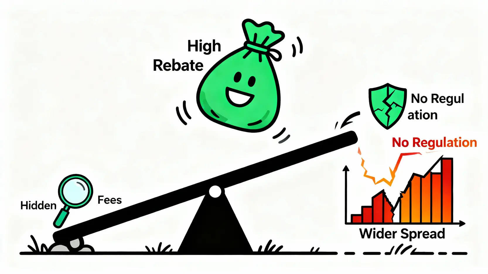 高返傭率的優點與風險對比圖，以翹翹板比喻高回饋背後可能隱藏著點差擴大或平台不受監管的風險。