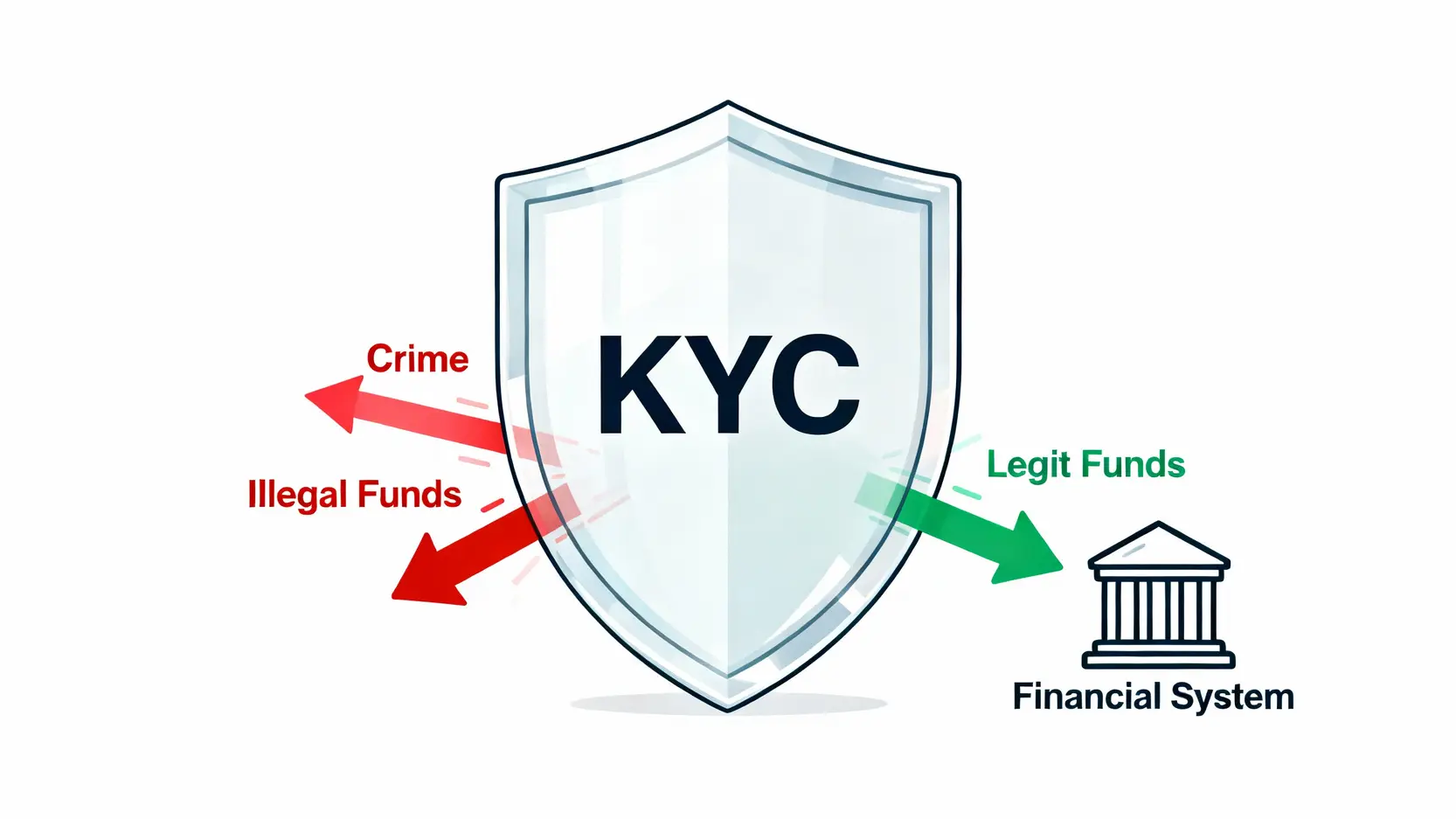 KYC認證是什麼?一篇搞懂KYC流程、所需文件與驗證失敗原因 KYC認證作為金融防護罩,阻擋非法資金並允許合法資金進入金融體系的示意圖。